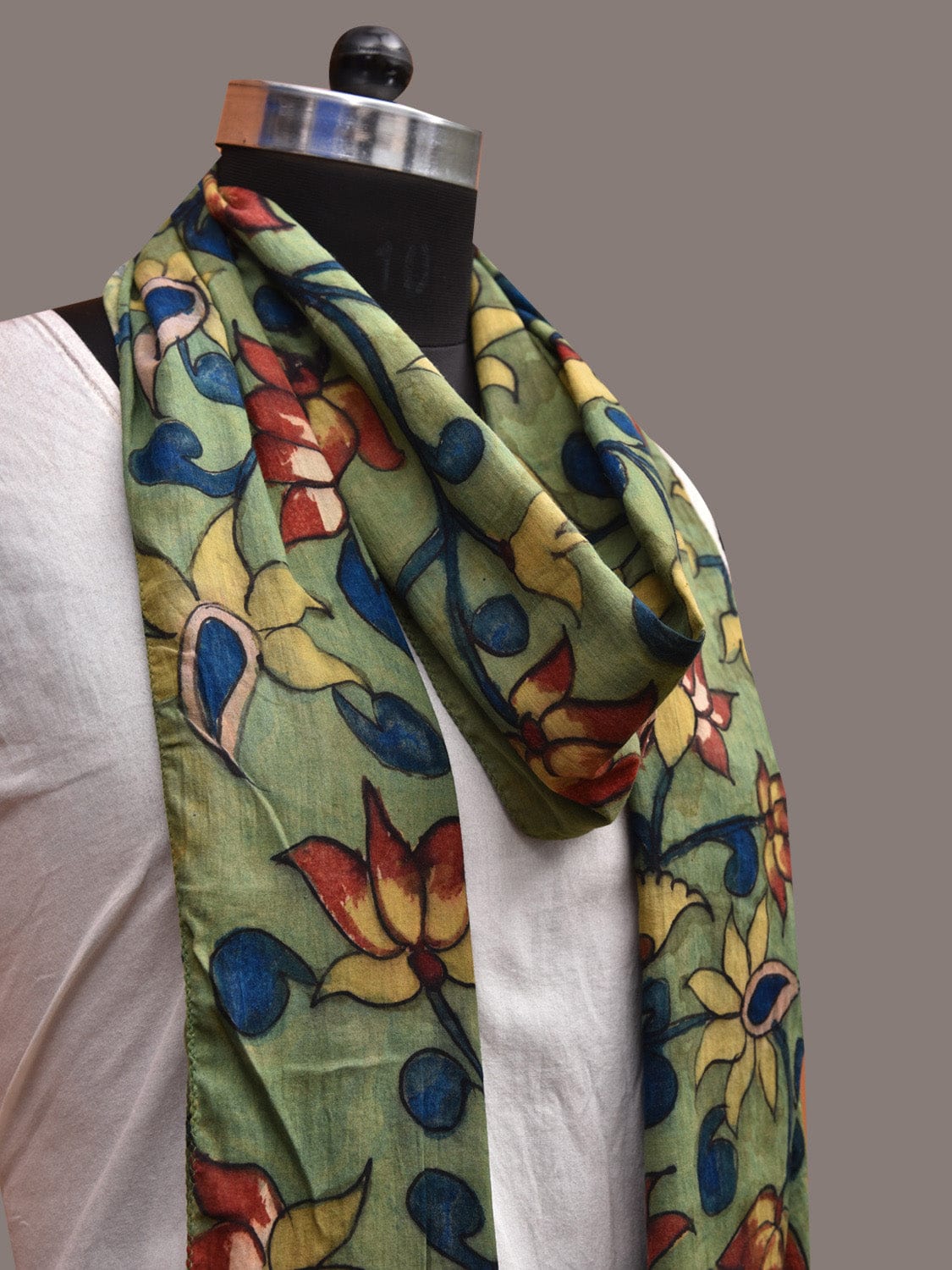 Light Green Kalamkari Hand Painted Cotton Stole with Lotus Flowers Design ds3640