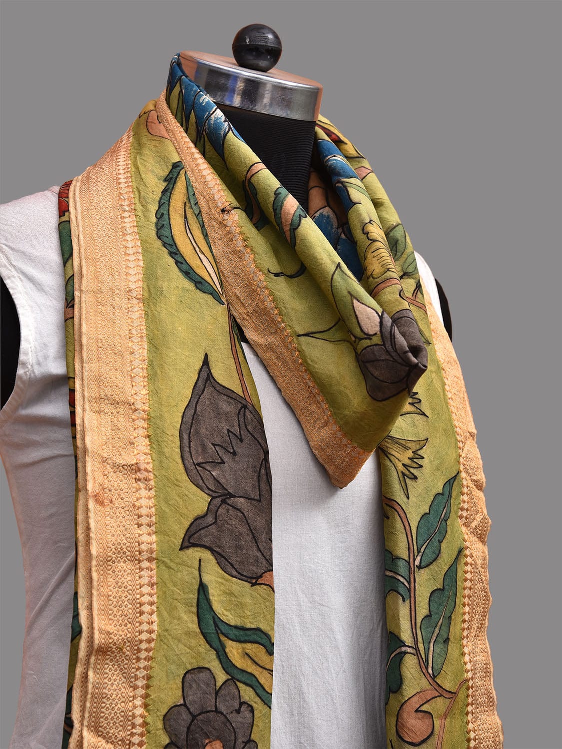 Light Green Kalamkari Hand Painted Sico Dupatta with Floral and Peacocks Design ds3673