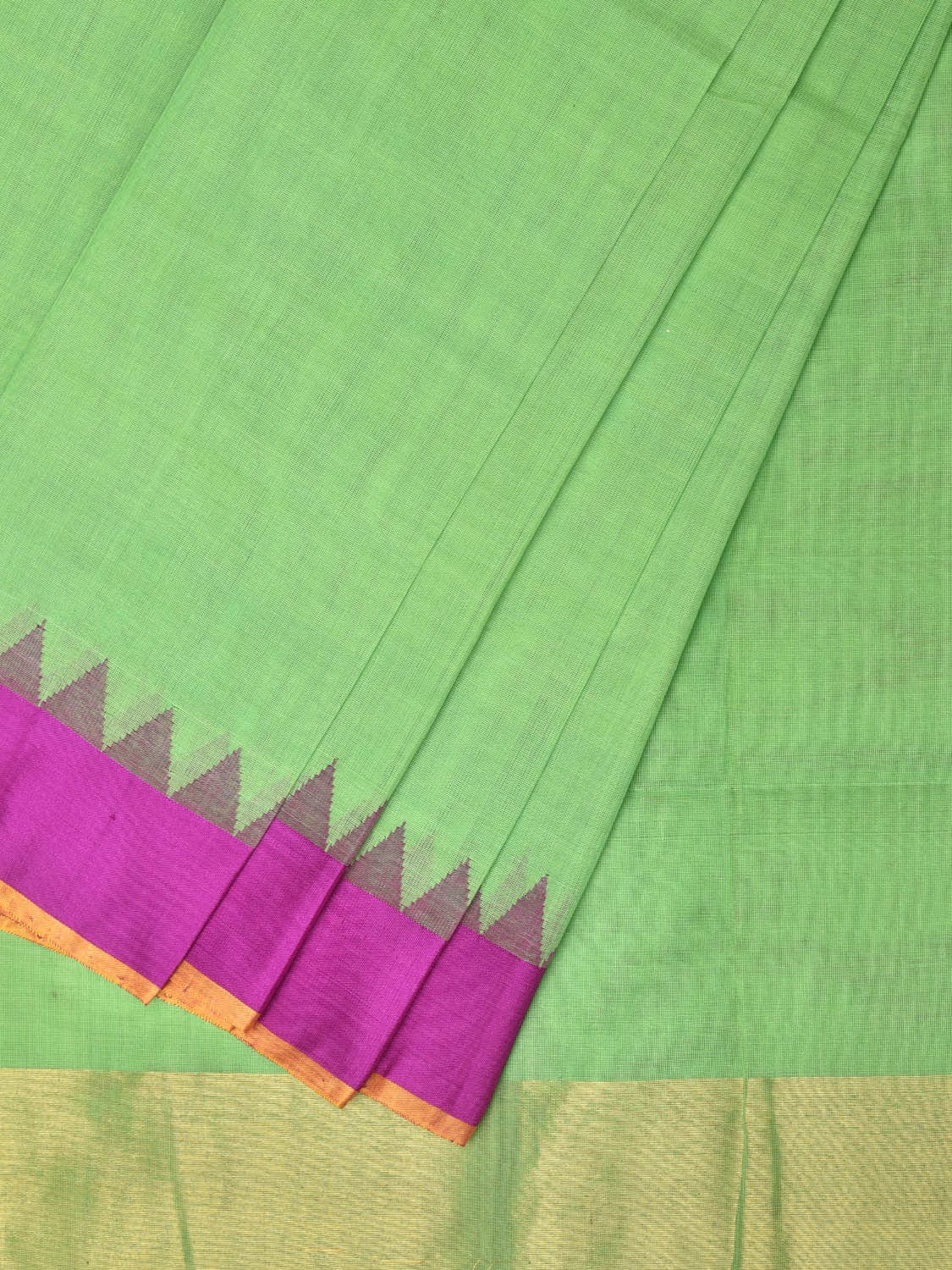 Light Green Khadi Cotton Handloom Plain Saree with Temple Border Design kh0637