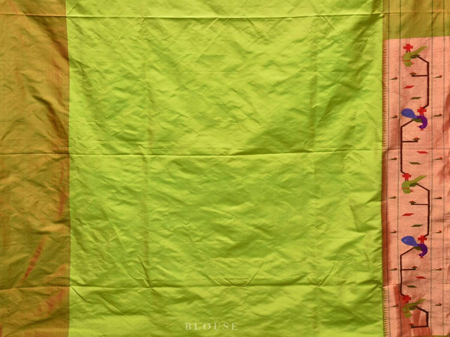 Light Green Paithani Silk Handloom Saree with Peacock-Parrot Border Design p0360