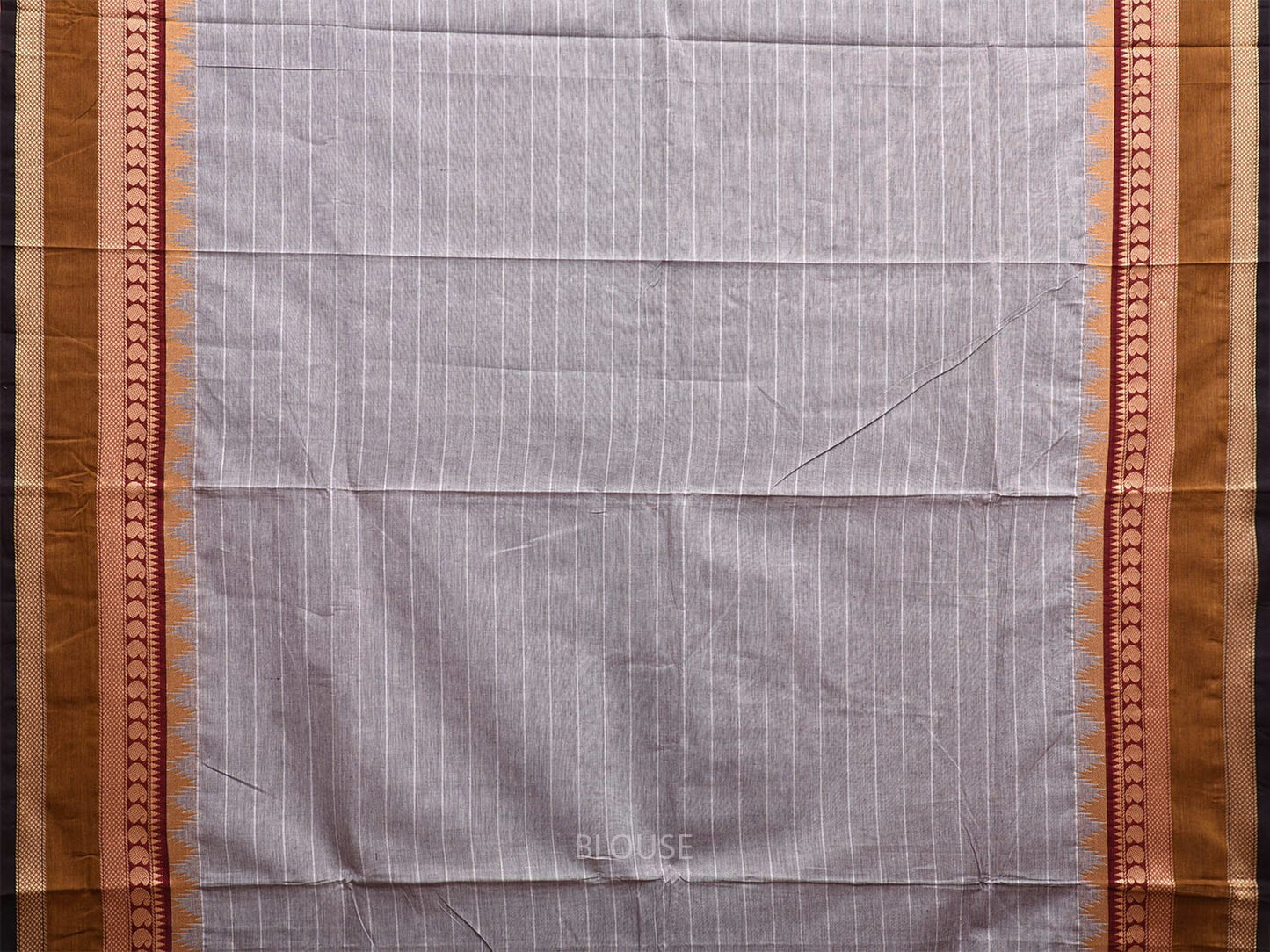 Light Grey and Olive Kanchipuram Cotton Saree with Strips and Border Design k0770