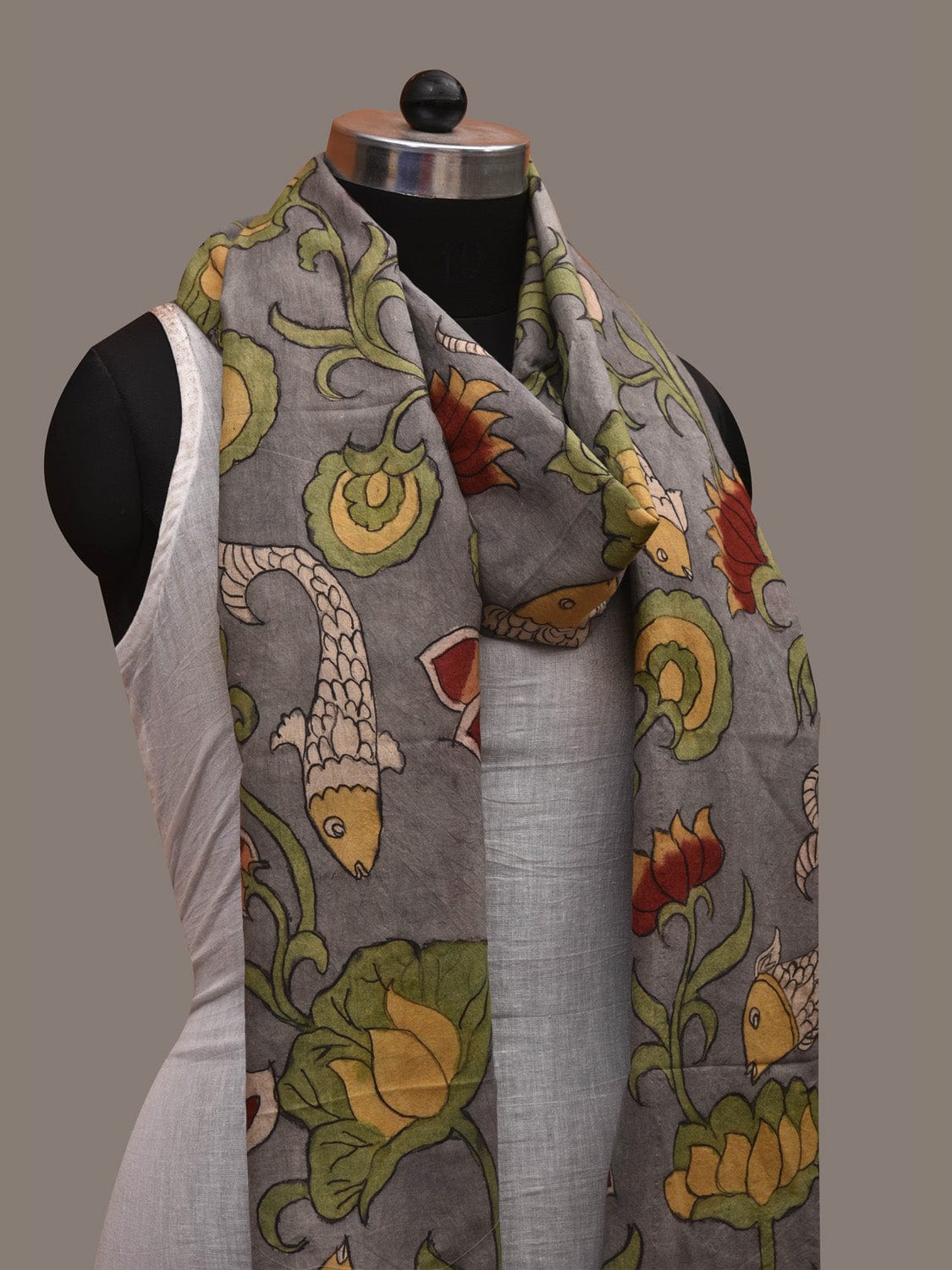 Light Grey Kalamkari Hand Painted Cotton Handloom Dupatta with Fish and Floral Design ds2961
