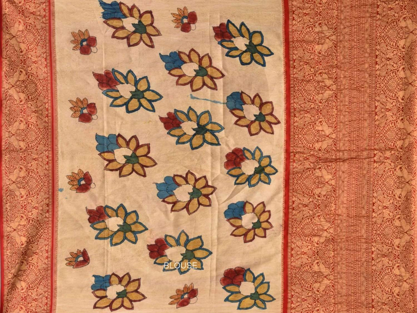 Light Grey Kalamkari Hand Painted Kanchipuram Silk Handloom Saree with Big Flowers and Birds Design KL0446
