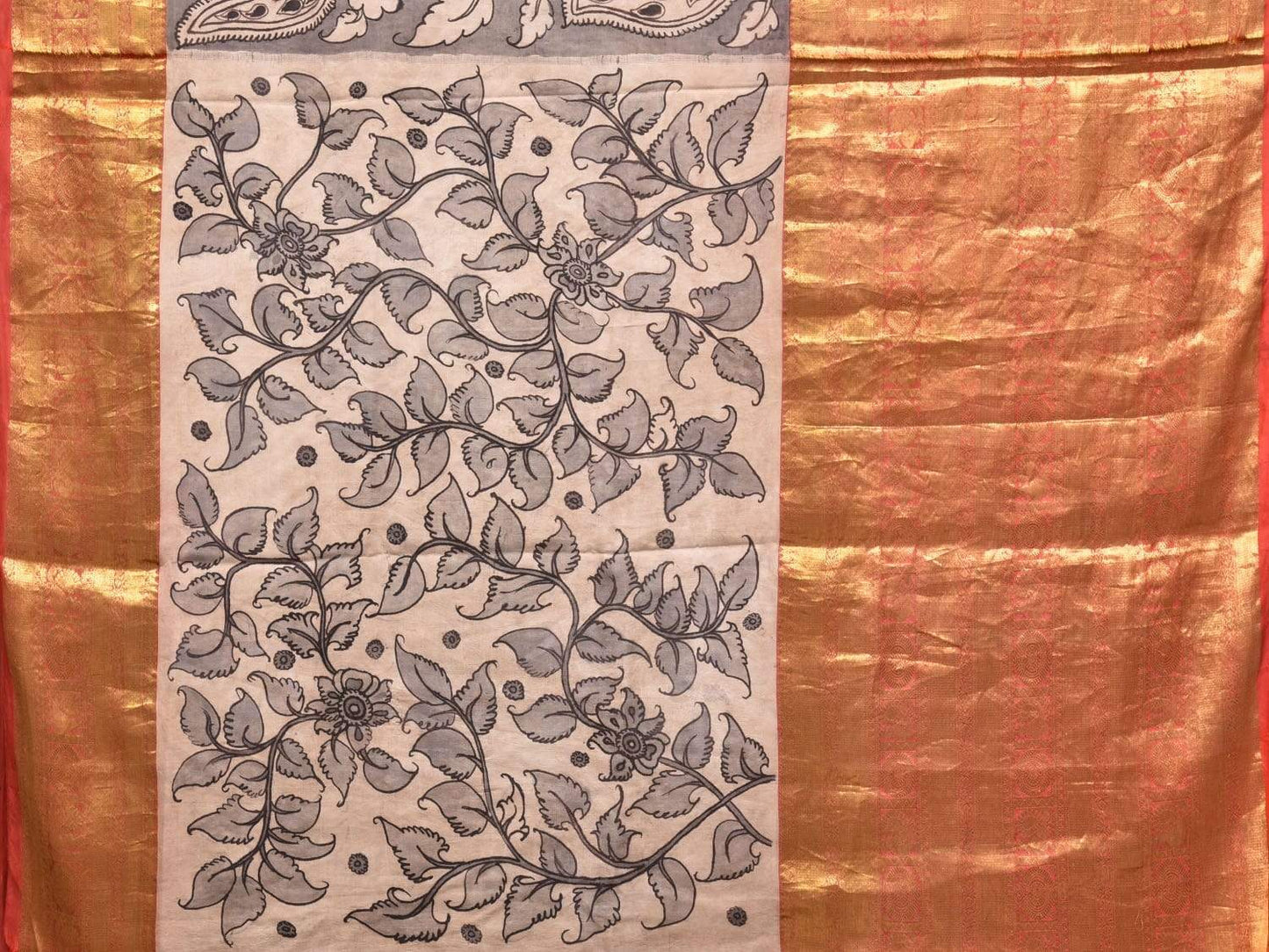 Light Grey Kalamkari Hand Painted Kanchipuram Silk Handloom Saree with Birds Design KL0416