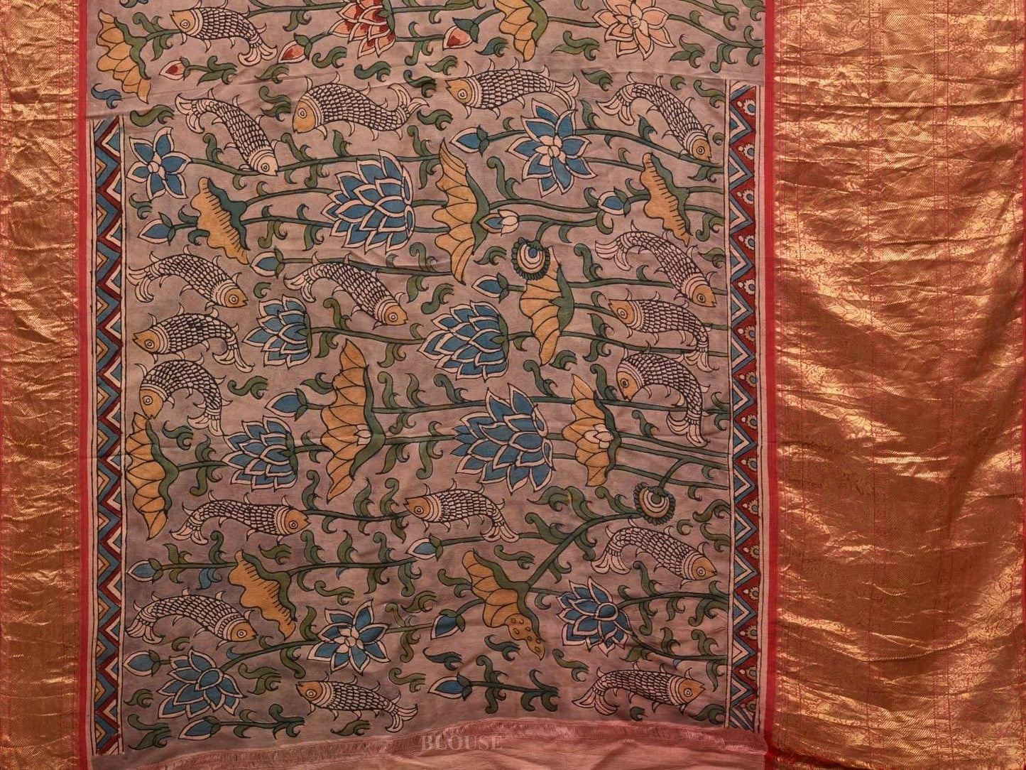 Light Grey Kalamkari Hand Painted Kanchipuram Silk Handloom Saree with Lotus and Fishes Design KL0551