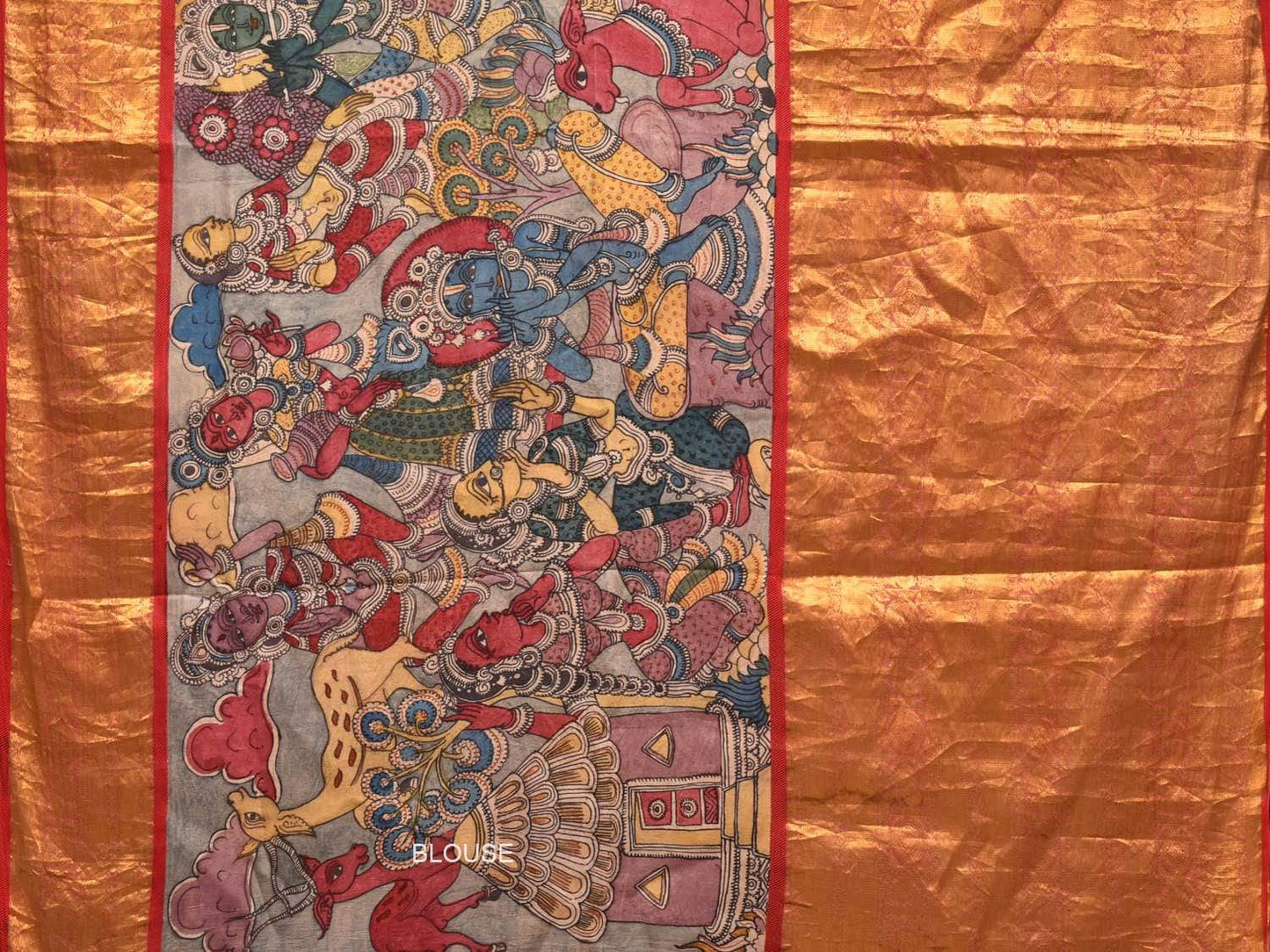 Light Grey Kalamkari Hand Painted Kanchipuram Silk Handloom Saree with Village Life Design KL0448