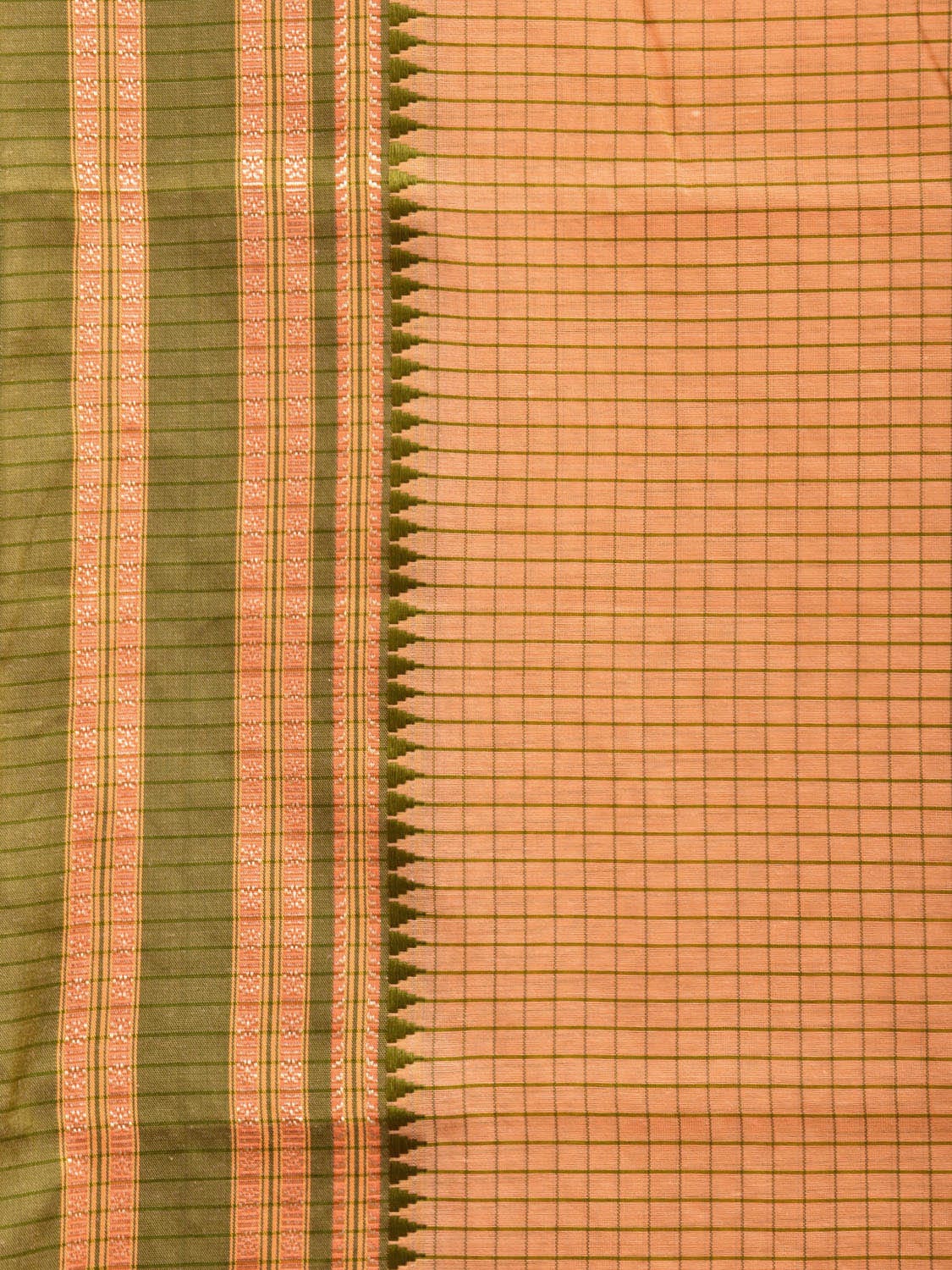 Light Orange and Green Bamboo Cotton Saree with Checks Design No Blouse bc0604