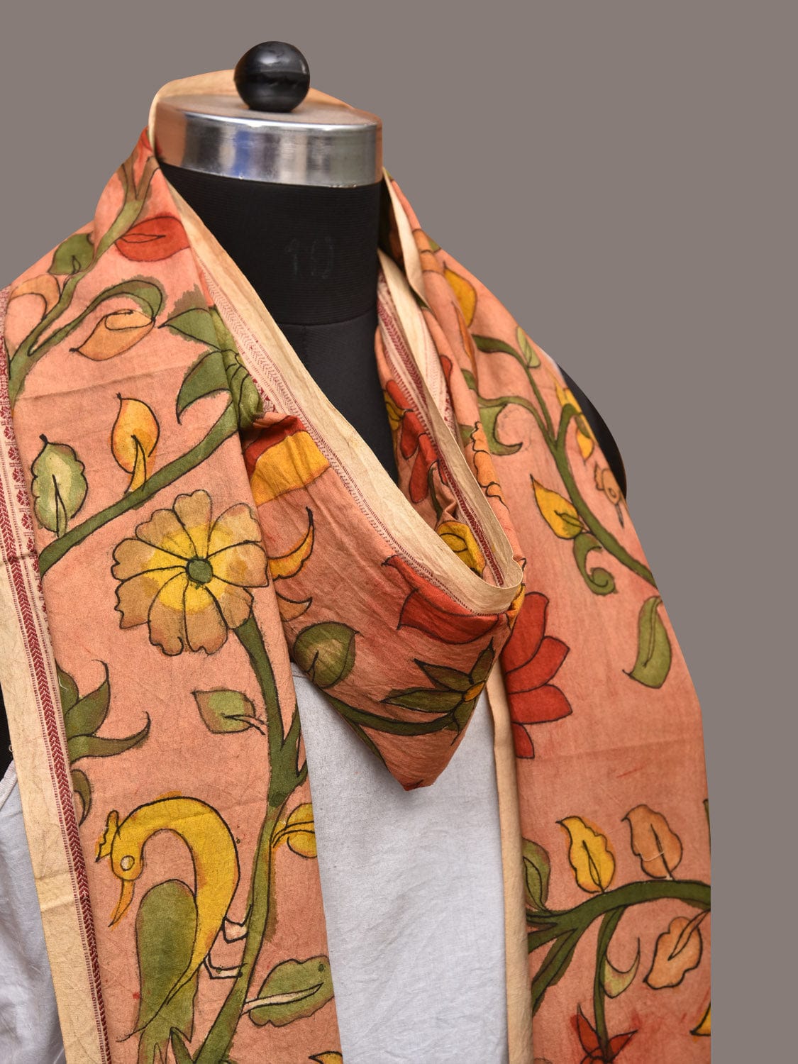 Light Orange Kalamkari Hand Painted Cotton Handloom Dupatta with Lotus and Doby Border Design ds3458