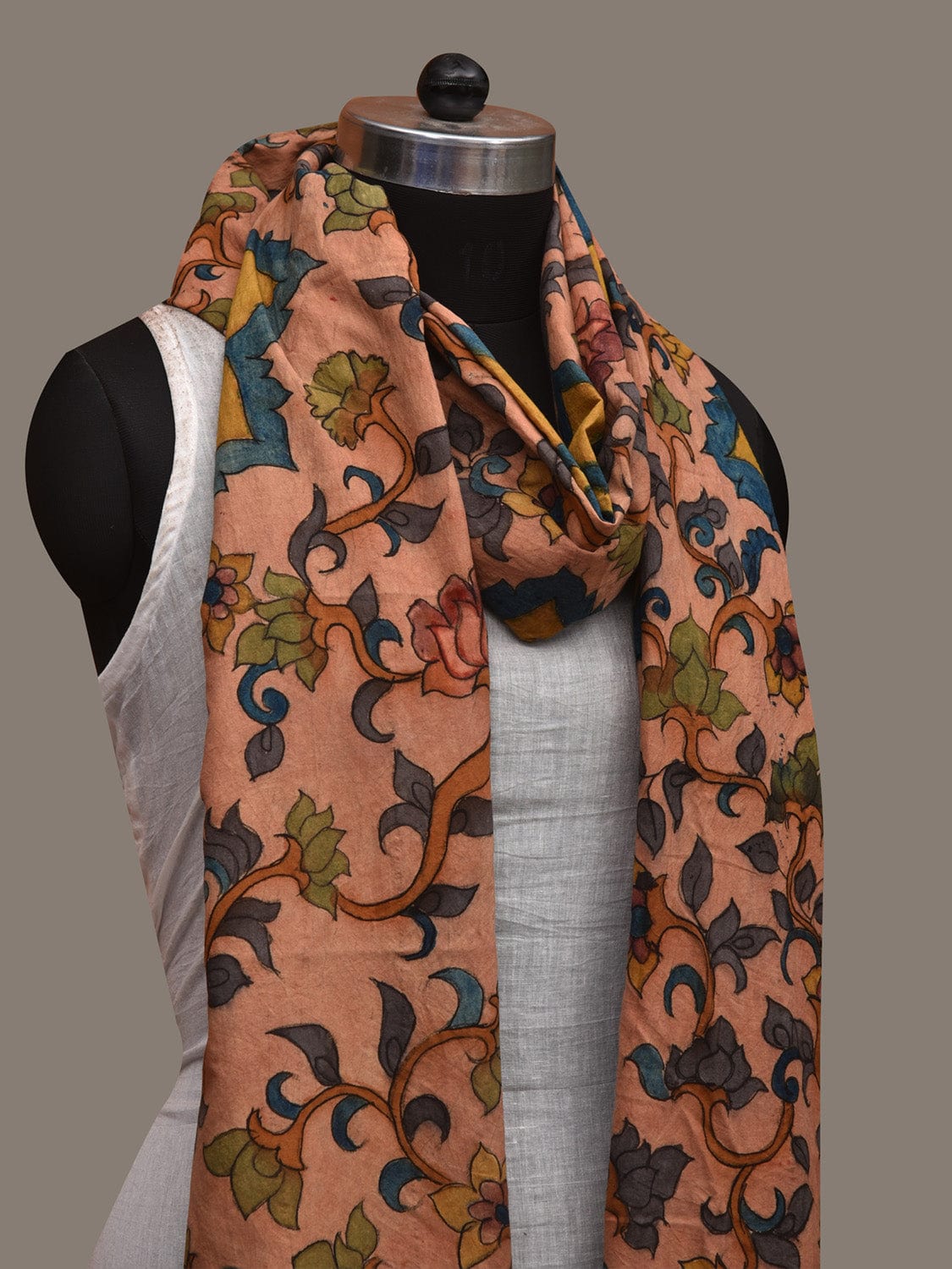 Light Orange Kalamkari Hand Painted Cotton Handloom Dupatta with Lotus Flowers Design ds2990