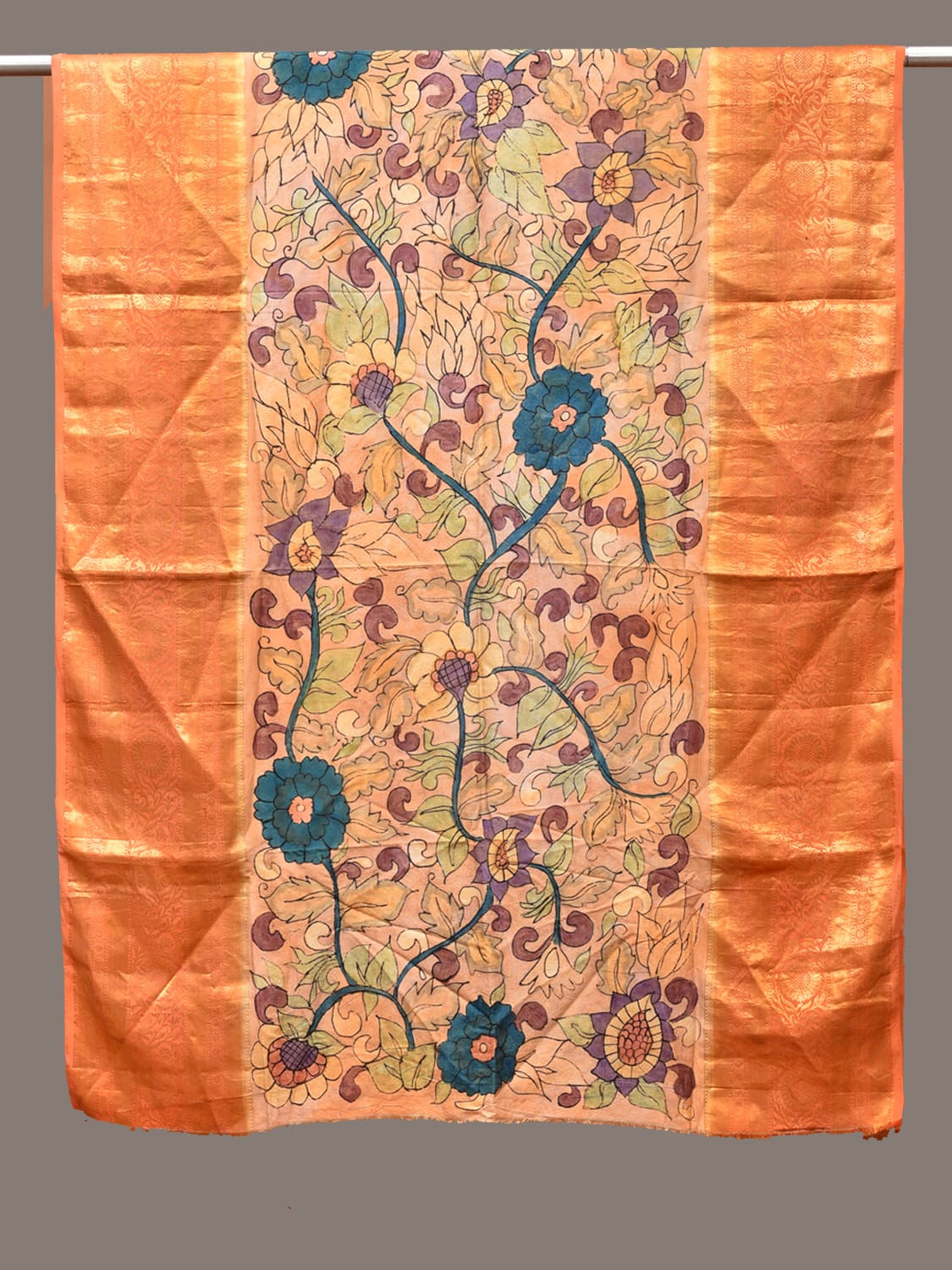 Light Orange Kalamkari Hand Painted Kanchipuram Silk Handloom Dupatta with Floral Design ds3324