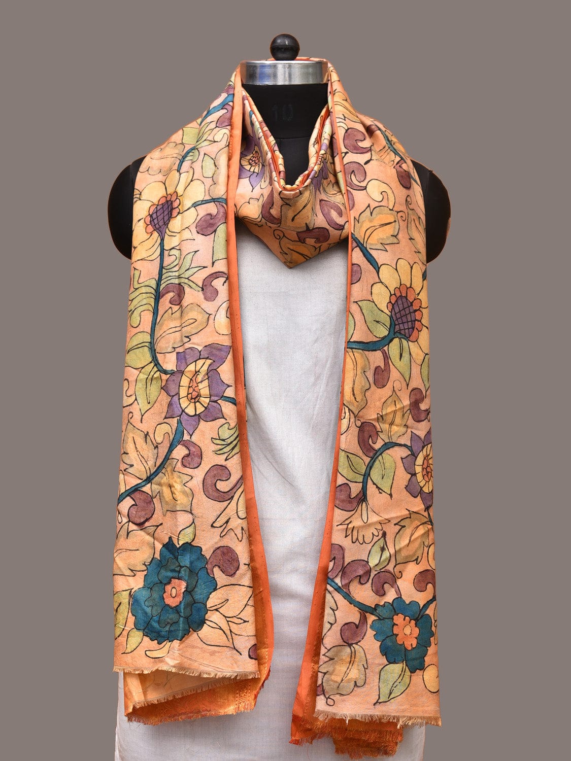 Light Orange Kalamkari Hand Painted Kanchipuram Silk Handloom Dupatta with Floral Design ds3324