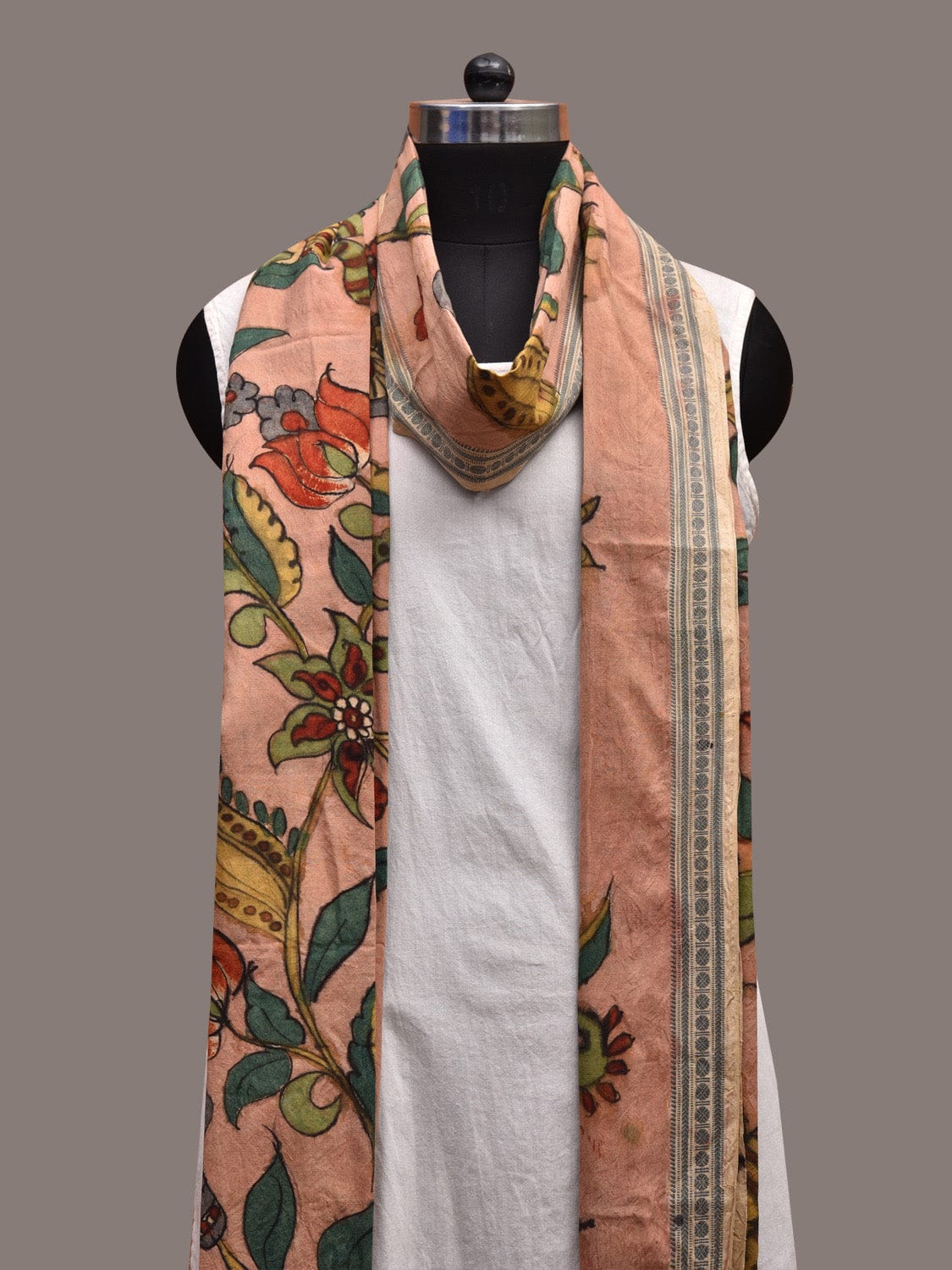 Light Peach Kalamkari Hand Painted Cotton Handloom Dupatta with Floral Design ds3634