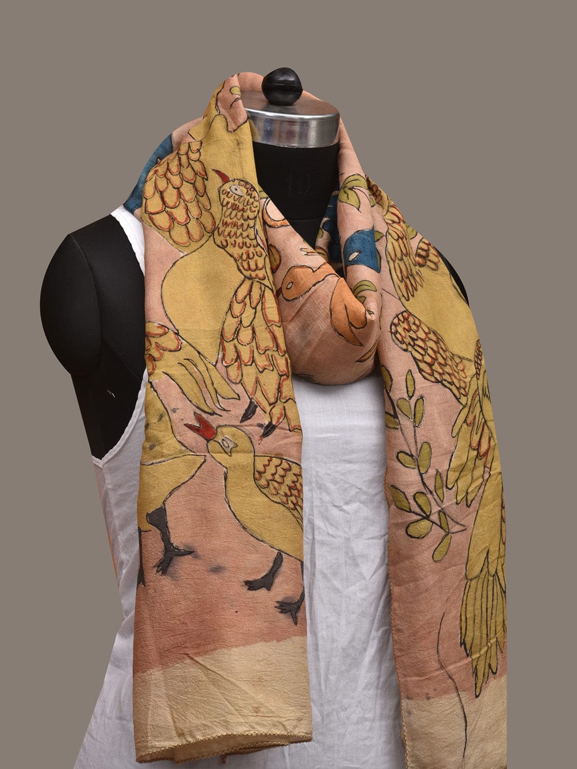 Light Peach Kalamkari Hand Painted Cotton Handloom Stole with Birds Design ds3032