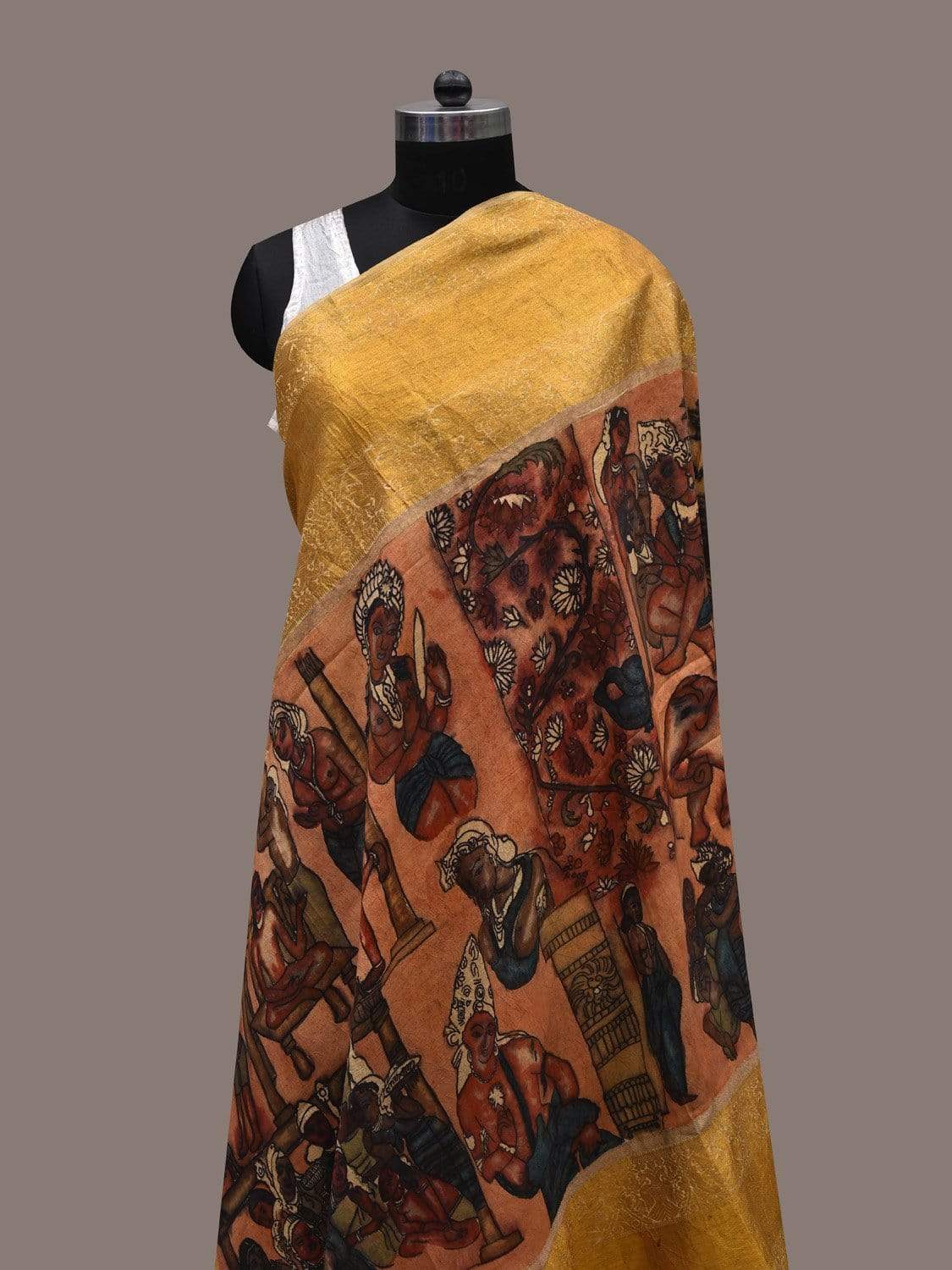Light Peach Kalamkari Hand Painted Kanchipuram Silk Handloom Dupatta with Ajanta Painting Design ds2490