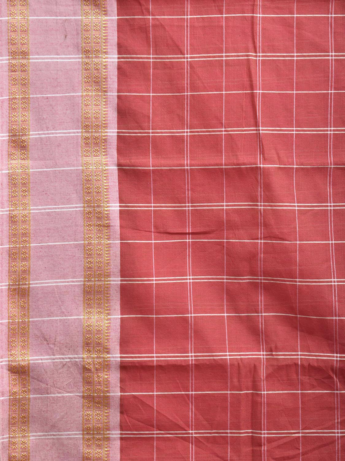 Light Red and White Bamboo Cotton Saree with Checks Design No Blouse bc0678