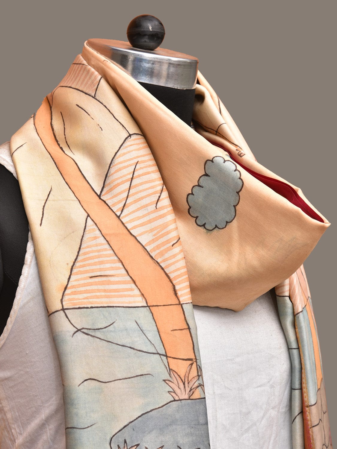 Light Yellow and Pink Kalamkari Hand Painted Kanchipuram Silk Handloom Dupatta with Mountains Design ds3241