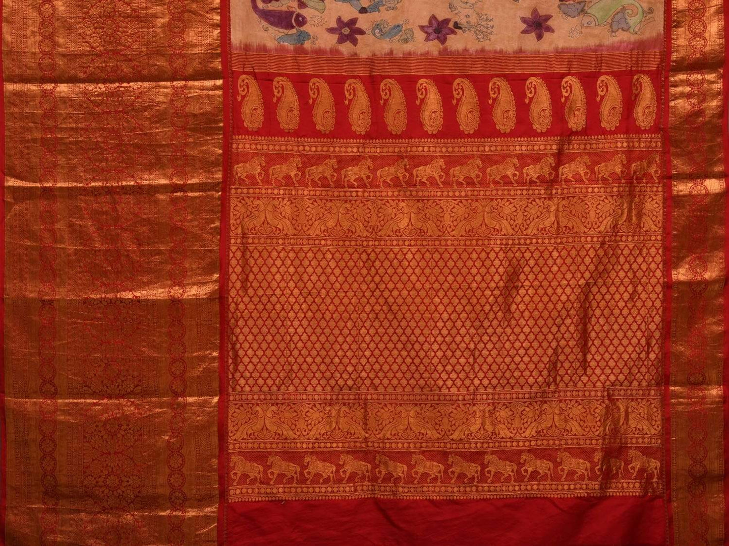 Light Yellow Kalamkari Hand Painted Kanchipuram Silk Handloom Saree with Dashavatar Design KL0564