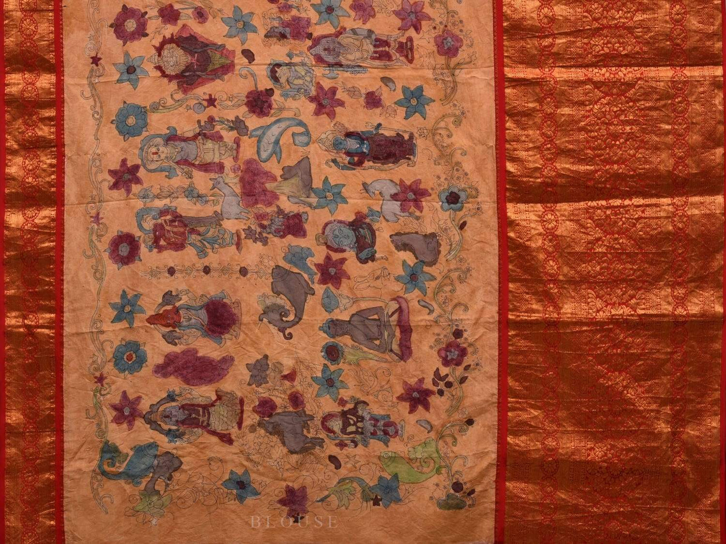 Light Yellow Kalamkari Hand Painted Kanchipuram Silk Handloom Saree with Dashavatar Design KL0564