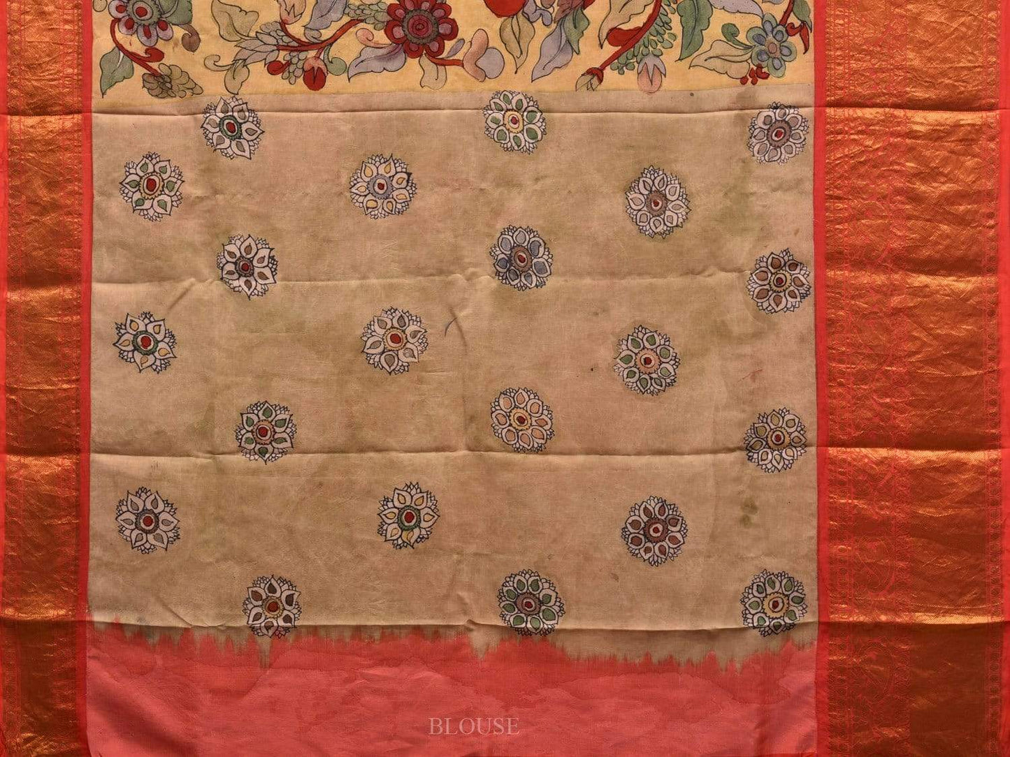 Light Yellow Kalamkari Hand Painted Kanchipuram Silk Handloom Saree with Floral and Peacocks Design KL0573