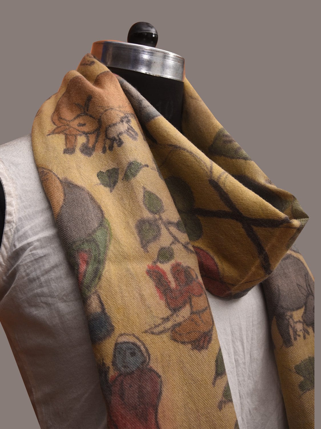 Light Yellow Kalamkari Hand Painted Woolen Handloom Dupatta with Buddha Design ds3595