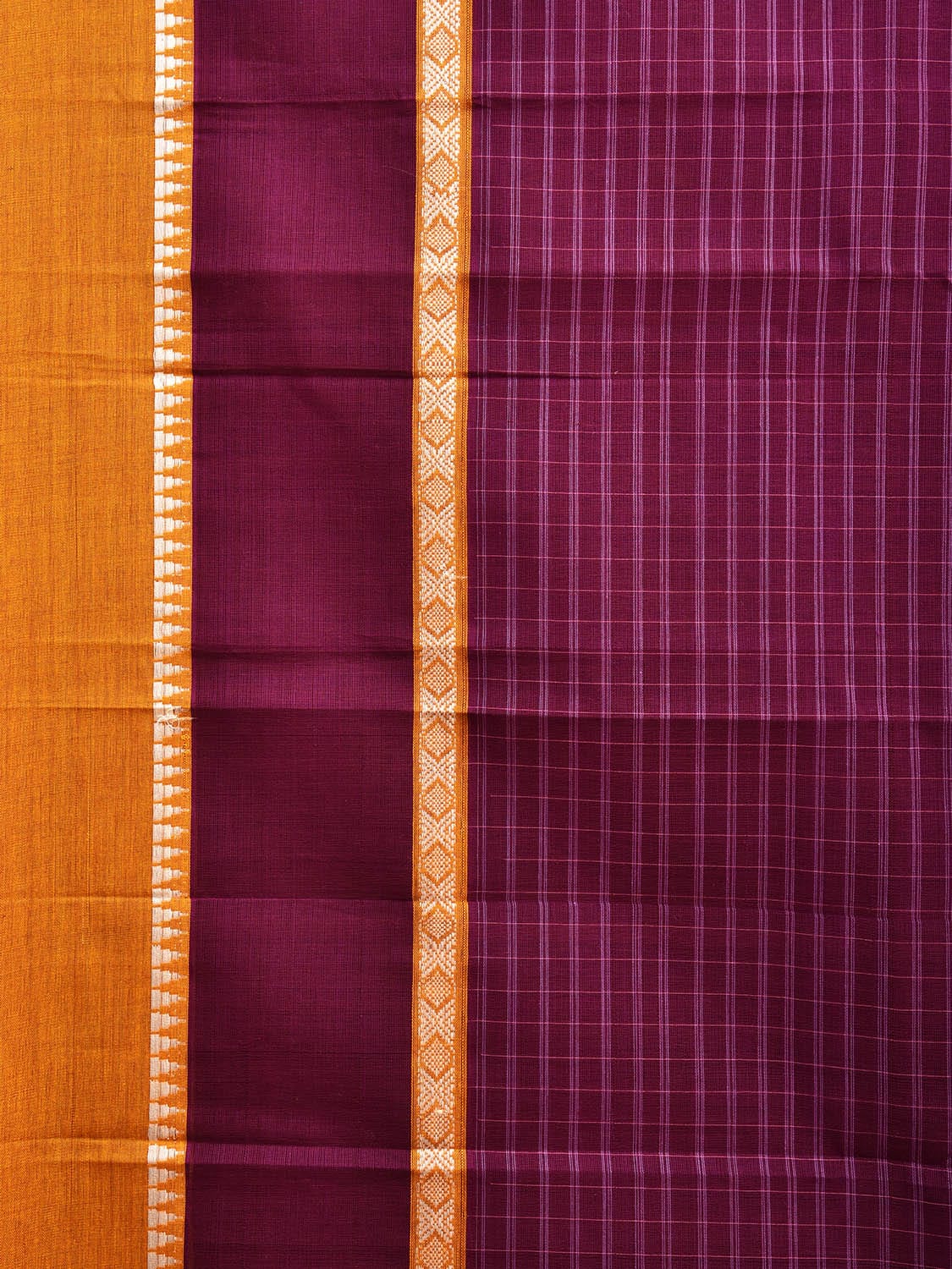 Magenta and Mustard Narayanpet Cotton Handloom Saree with Checks Design and Big Border No Blouse np1019