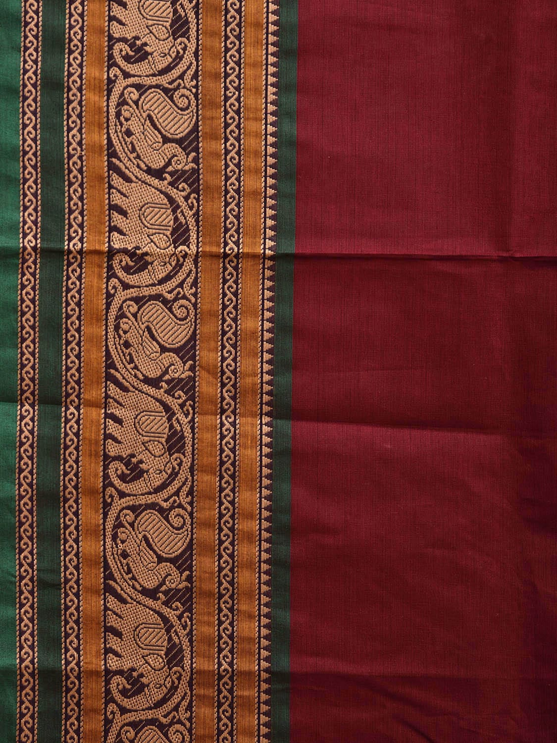 Maroon and Green Kanchipuram Cotton Plain Saree with Elephant and Peacock Border Design Kalamkari Blouse k0820