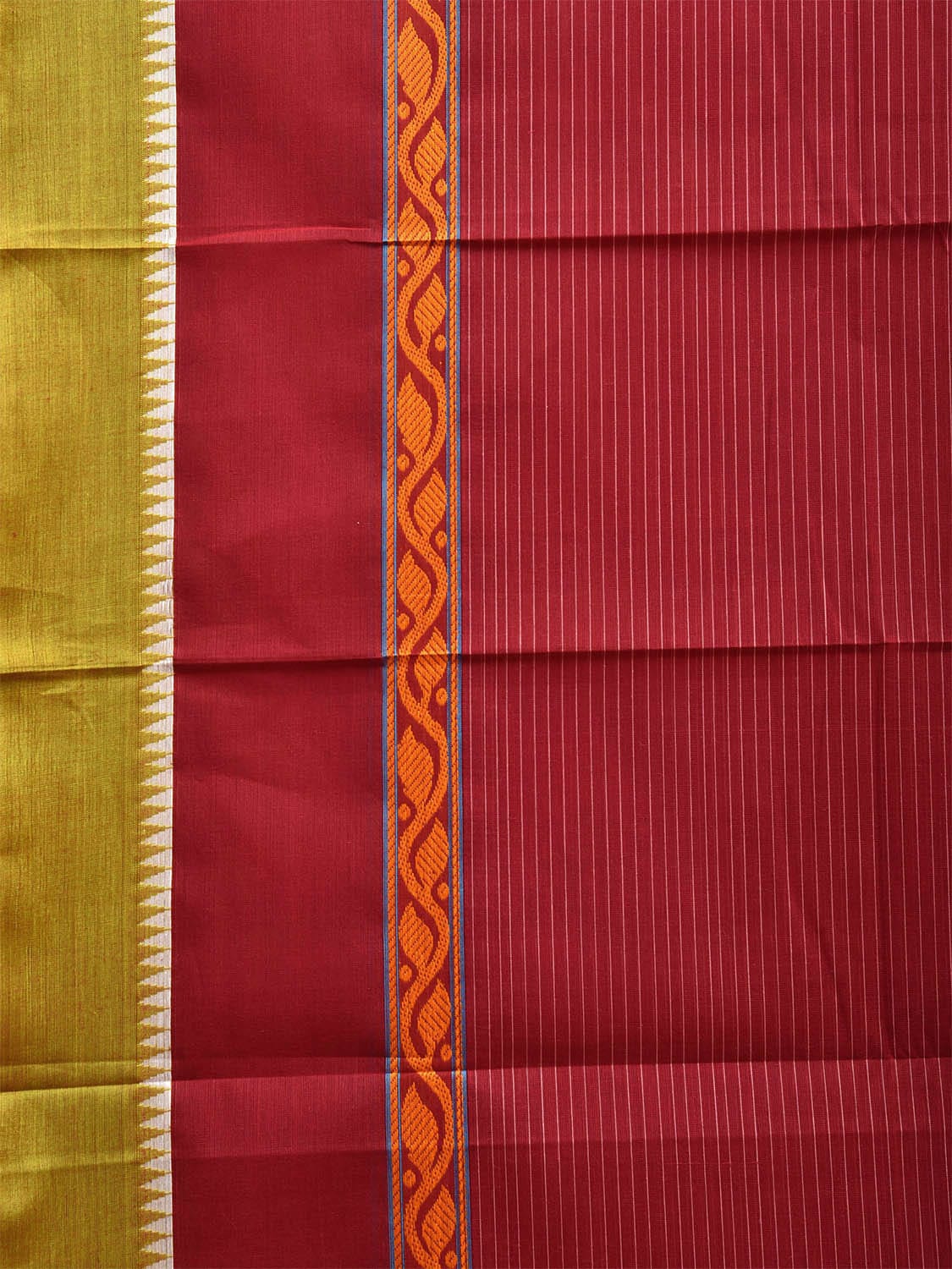 Maroon and Green Narayanpet Cotton Handloom Saree with Big Border and Strips Design No Blouse np1050