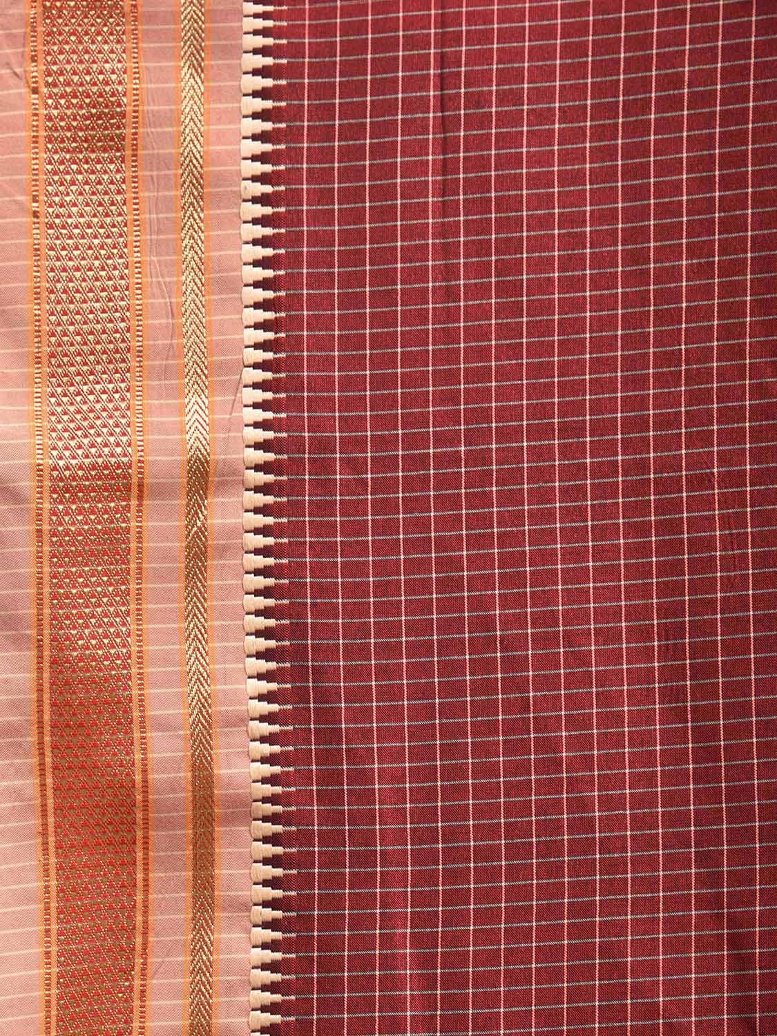 Maroon and Grey Bamboo Cotton Viscose Silk Saree with Checks and Contrast Pallu Design No Blouse bc0582