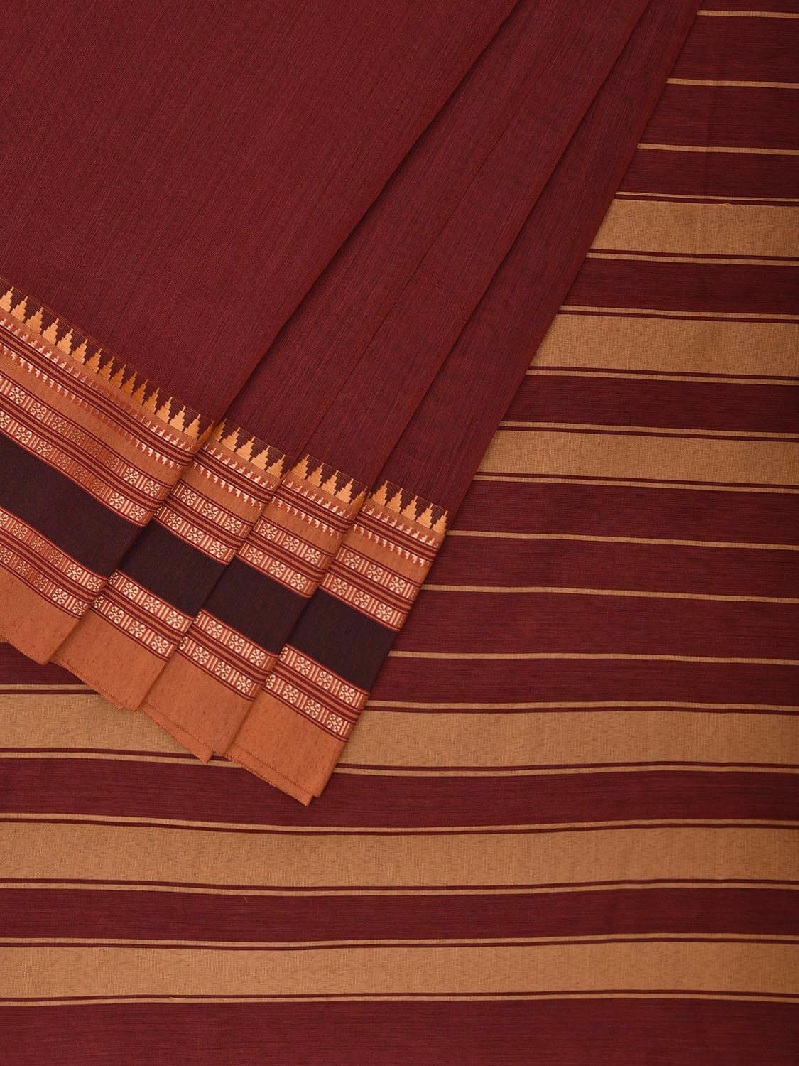 Maroon and Mustard Bamboo Cotton Plain Saree with Strips Pallu Design No Blouse bc0679