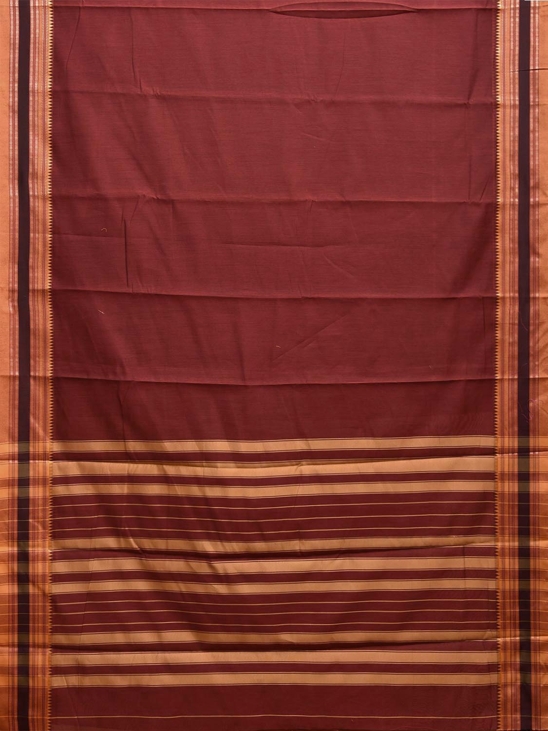 Maroon and Mustard Bamboo Cotton Plain Saree with Strips Pallu Design No Blouse bc0679