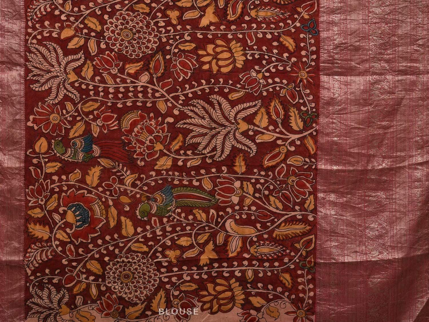 Maroon Kalamkari Hand Painted Kanchipuram Silk Handloom Saree with Floral and Peacocks Design KL0512