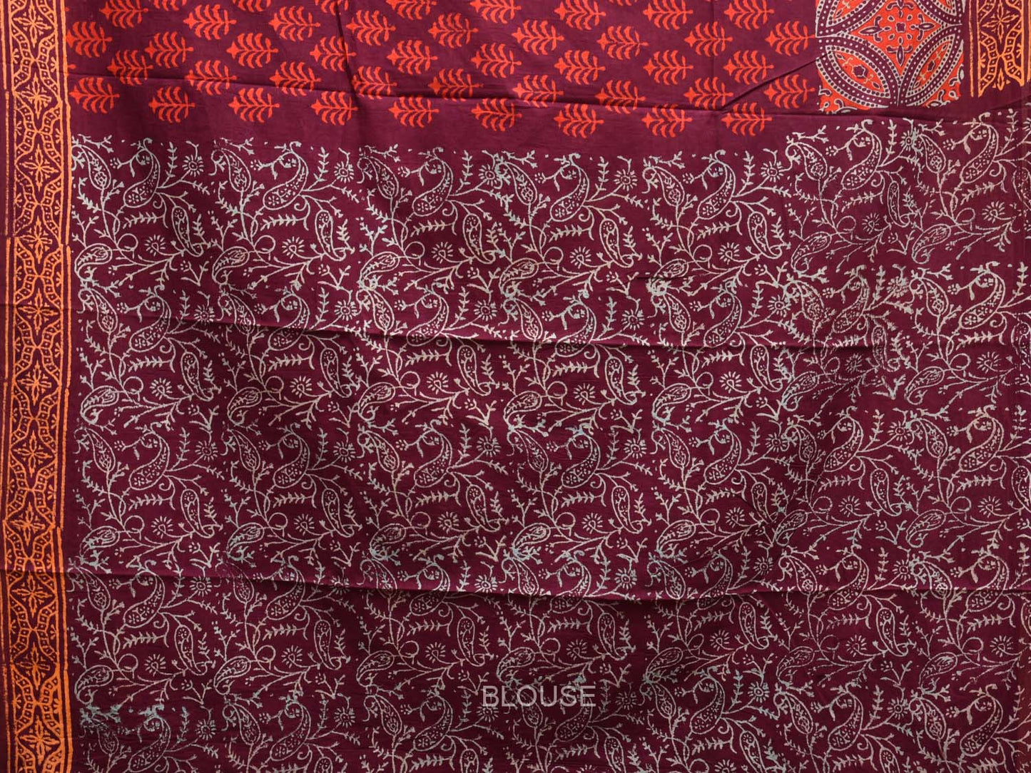 Maroon Pedana Block Print Kalmkari Cotton Saree with Buta, Border and Pallu Design o0533