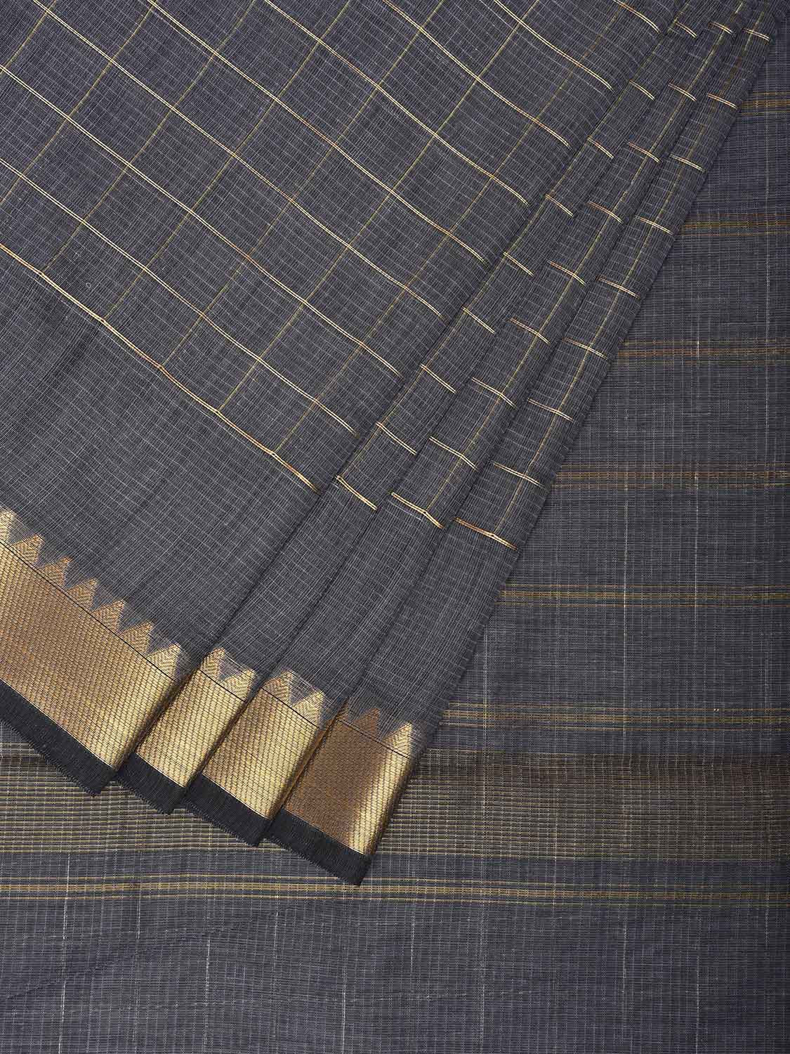 Grey Mangalgiri Cotton Saree with Checks and Strips Pallu Design mn0091