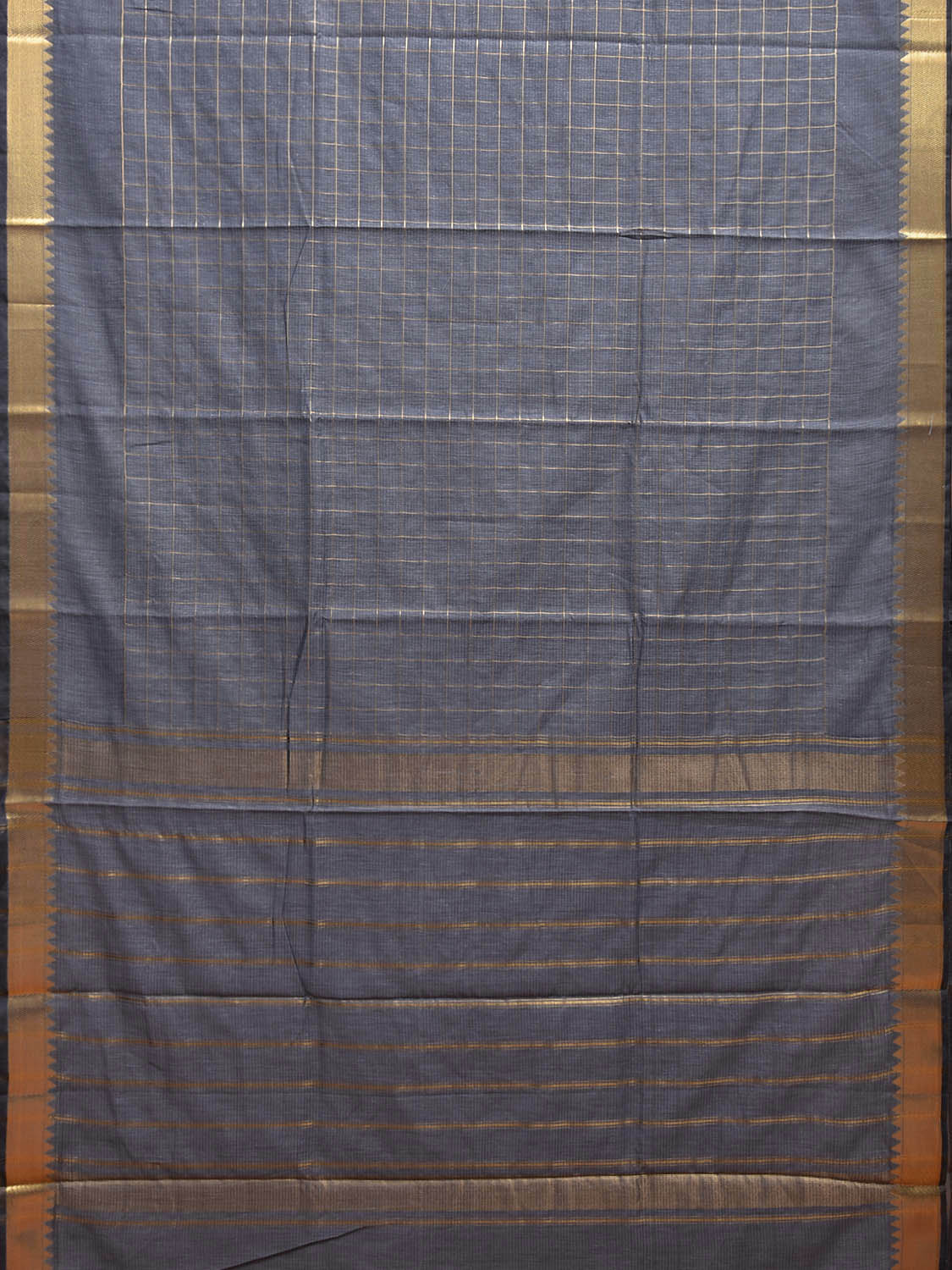 Grey Mangalgiri Cotton Saree with Checks and Strips Pallu Design mn0091