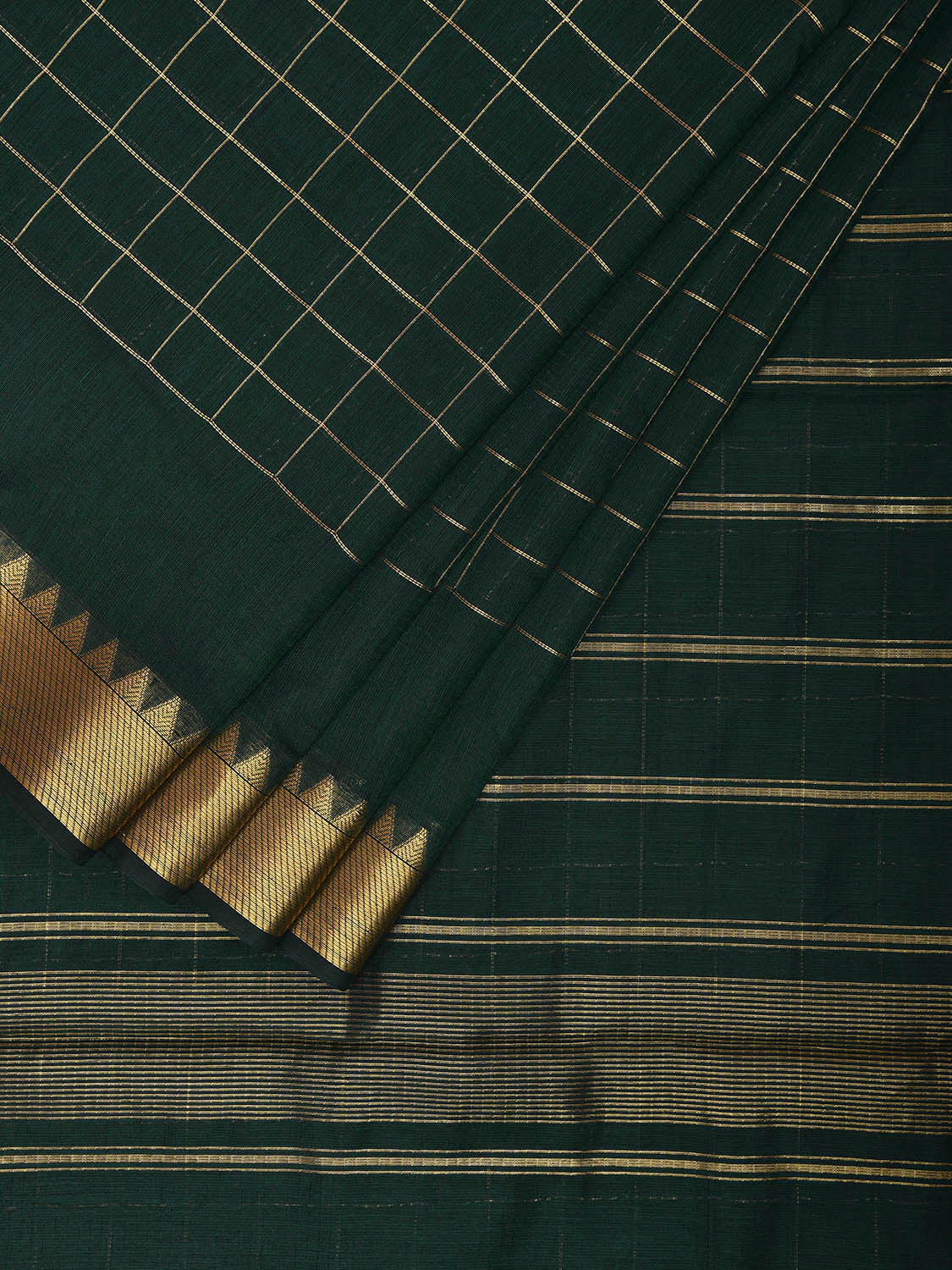 Dark Green Mangalgiri Cotton Saree with Checks and Strips Pallu Design mn0092