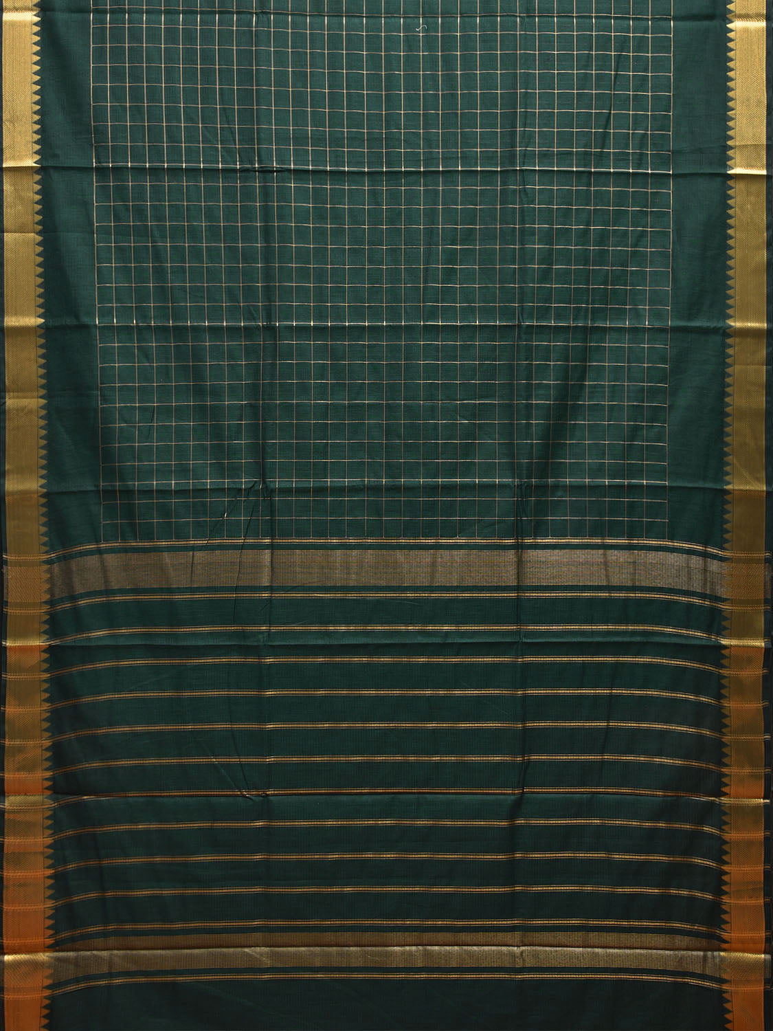 Dark Green Mangalgiri Cotton Saree with Checks and Strips Pallu Design mn0092