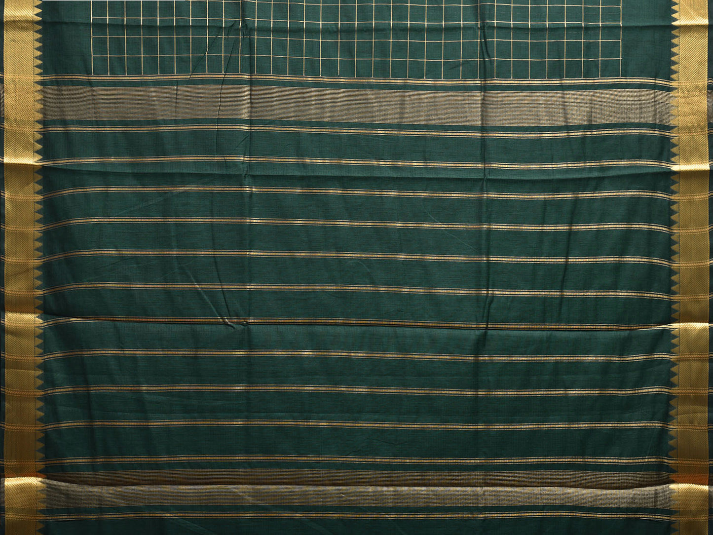 Dark Green Mangalgiri Cotton Saree with Checks and Strips Pallu Design mn0092