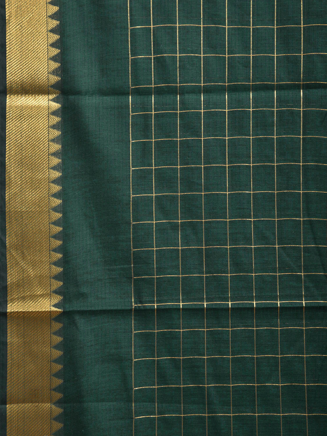 Dark Green Mangalgiri Cotton Saree with Checks and Strips Pallu Design mn0092