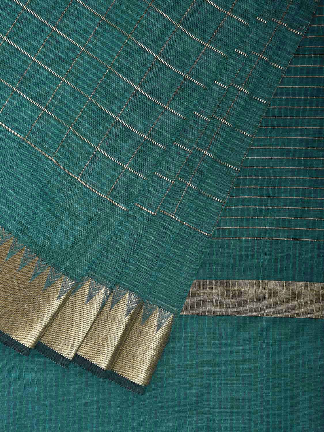 Green Mangalgiri Cotton Handloom Saree with Checks and Temple Border Design mn0116
