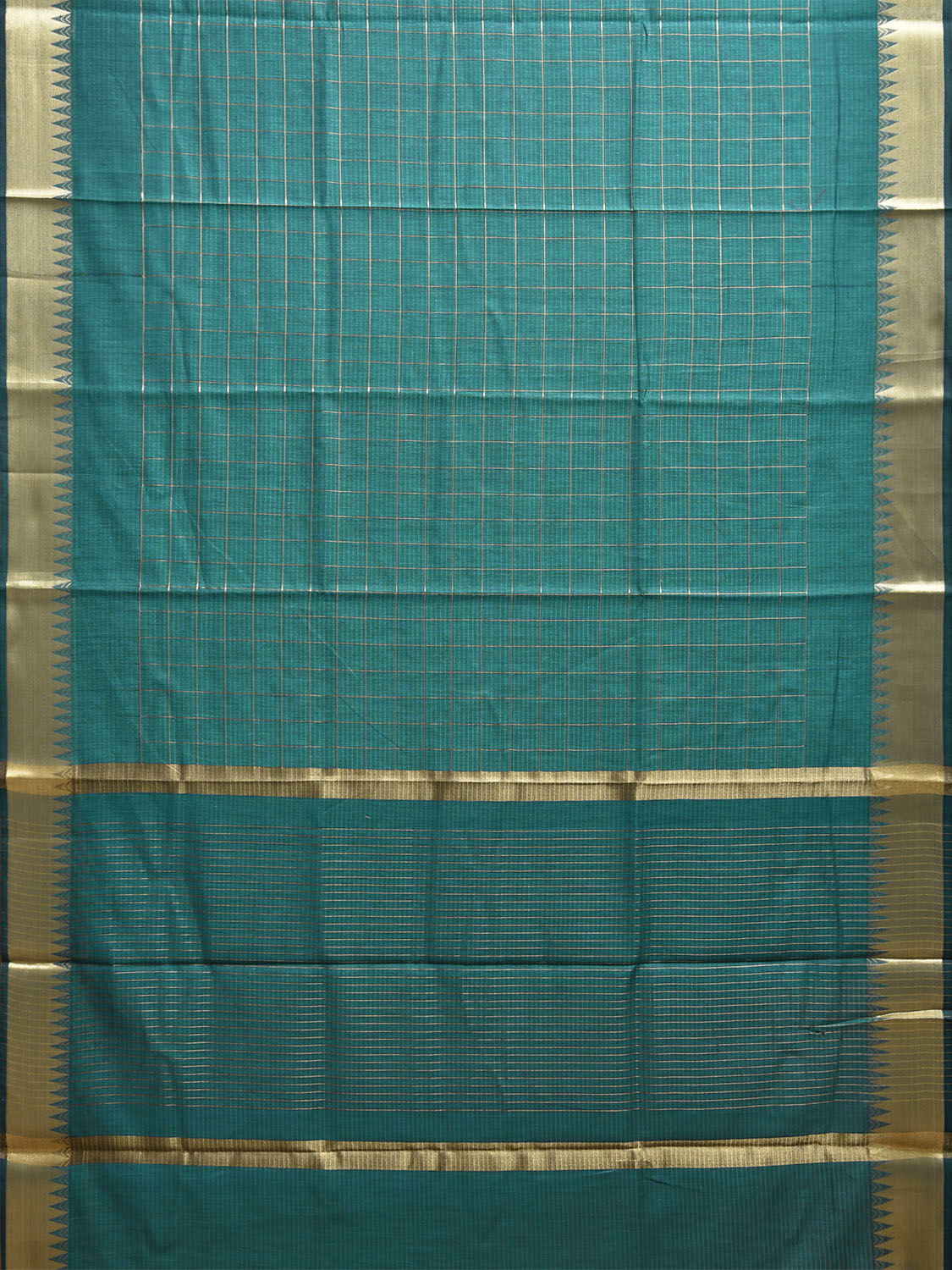 Green Mangalgiri Cotton Handloom Saree with Checks and Temple Border Design mn0116