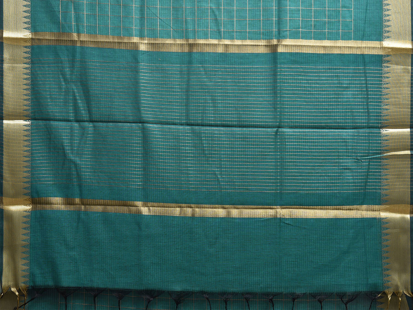 Green Mangalgiri Cotton Handloom Saree with Checks and Temple Border Design mn0116