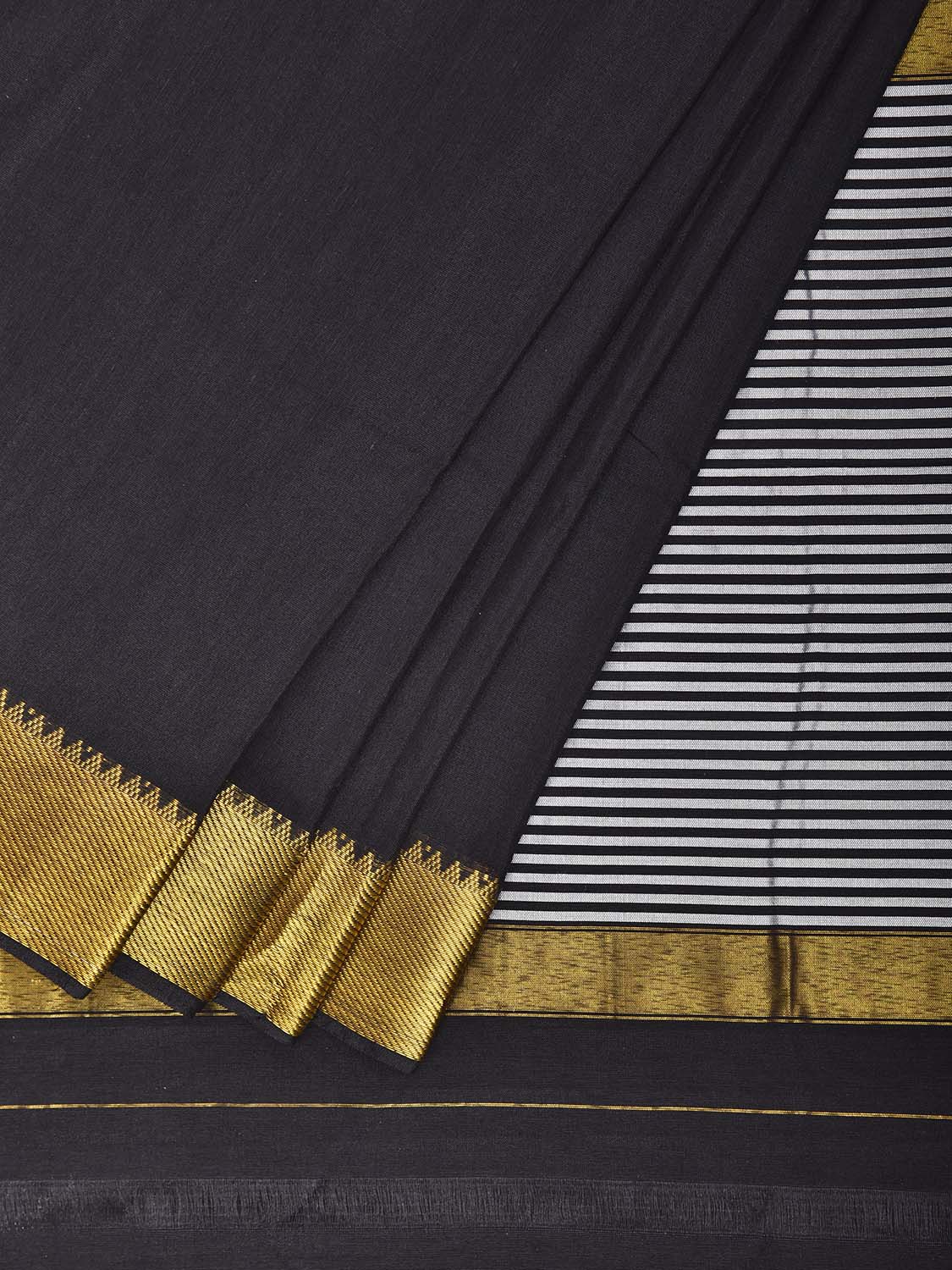 Black Mangalgiri Cotton Viscose Plain Saree with Strips Pallu Design mn0128
