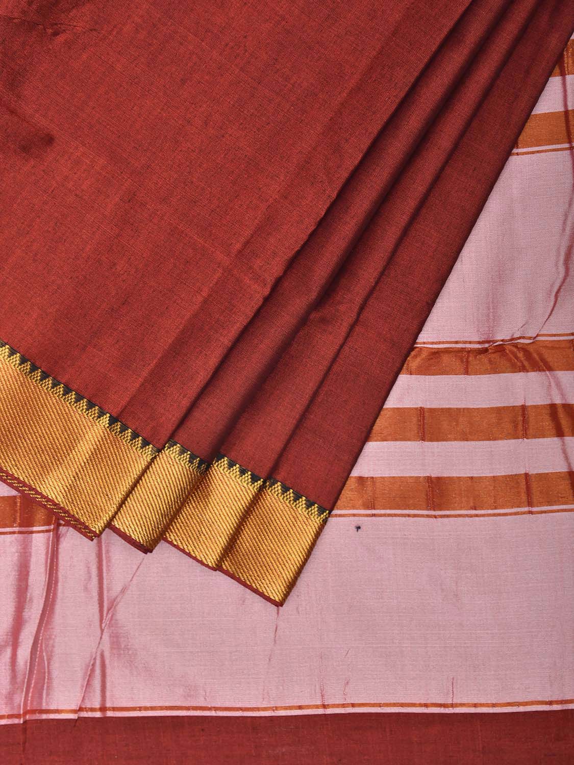 Dark Red Mangalgiri Cotton Viscose Plain Saree with Strips Pallu Design mn0130