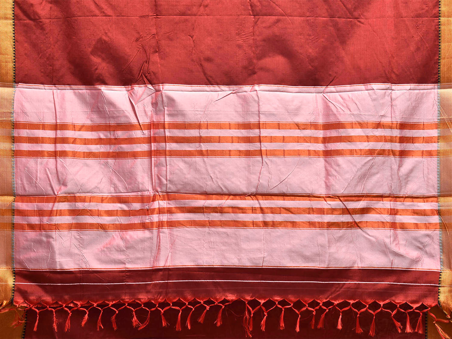 Dark Red Mangalgiri Cotton Viscose Plain Saree with Strips Pallu Design mn0130