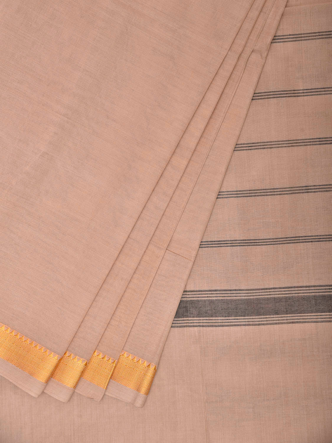 Cream Mangalgiri Cotton Handloom Plain Saree with Strips Pallu Design No Blouse mn0131