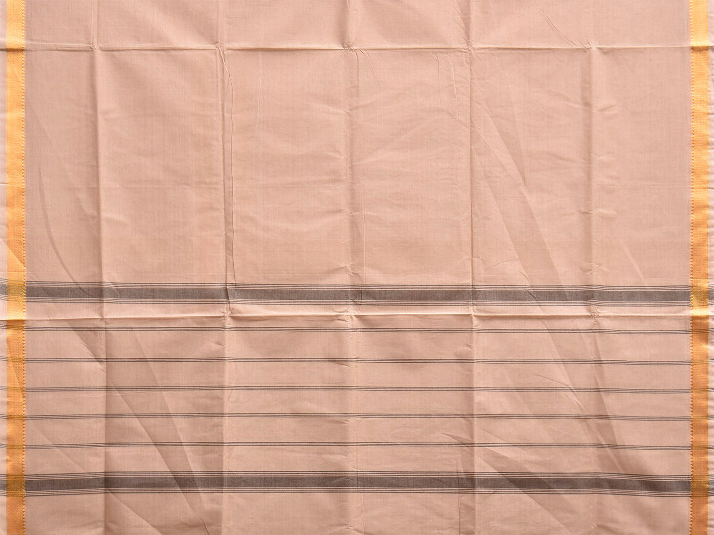 Cream Mangalgiri Cotton Handloom Plain Saree with Strips Pallu Design No Blouse mn0131
