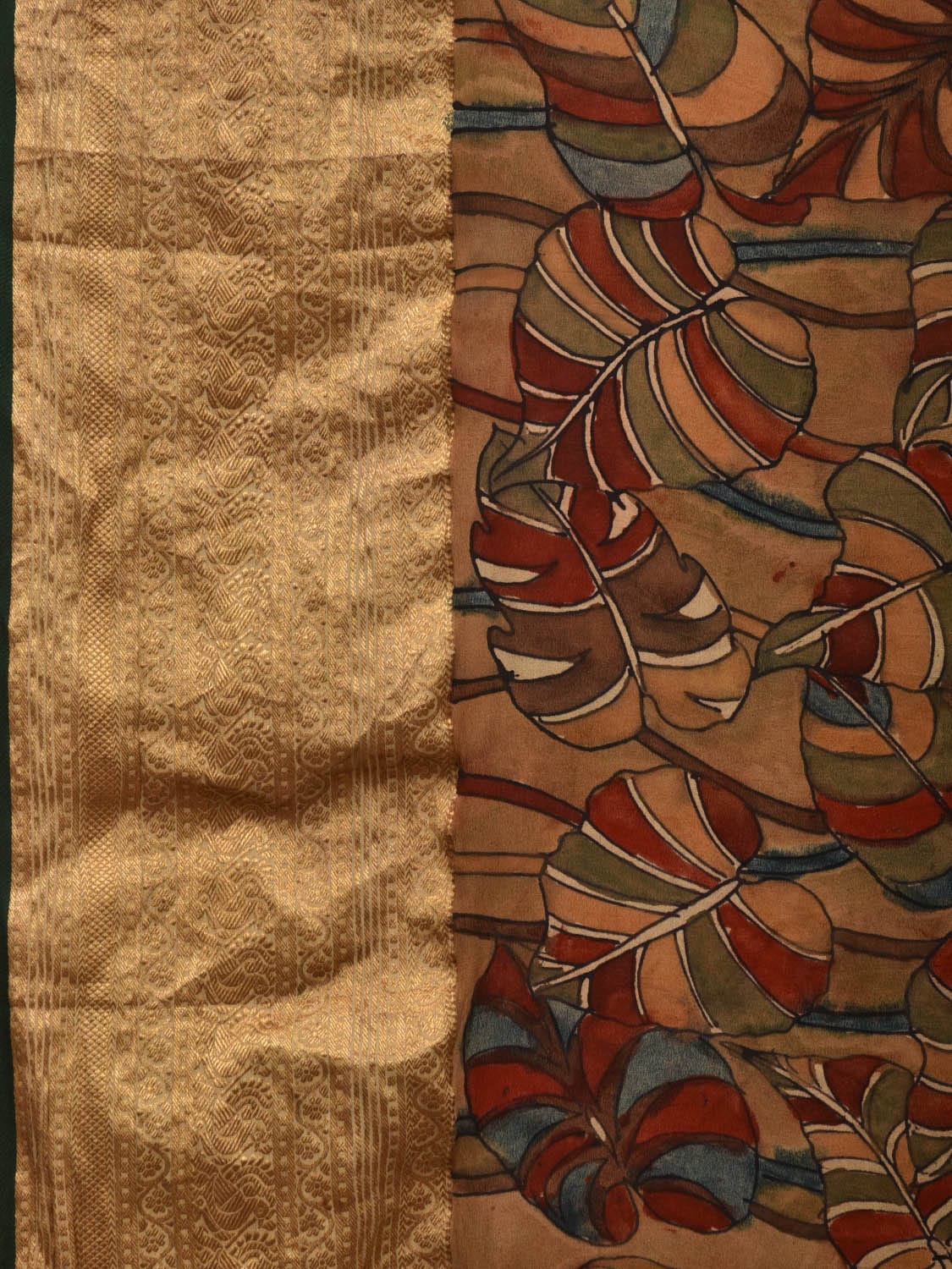 Multicolor Kalamkari Hand Painted Heavy Crepe Saree with Leaves Design KL0683