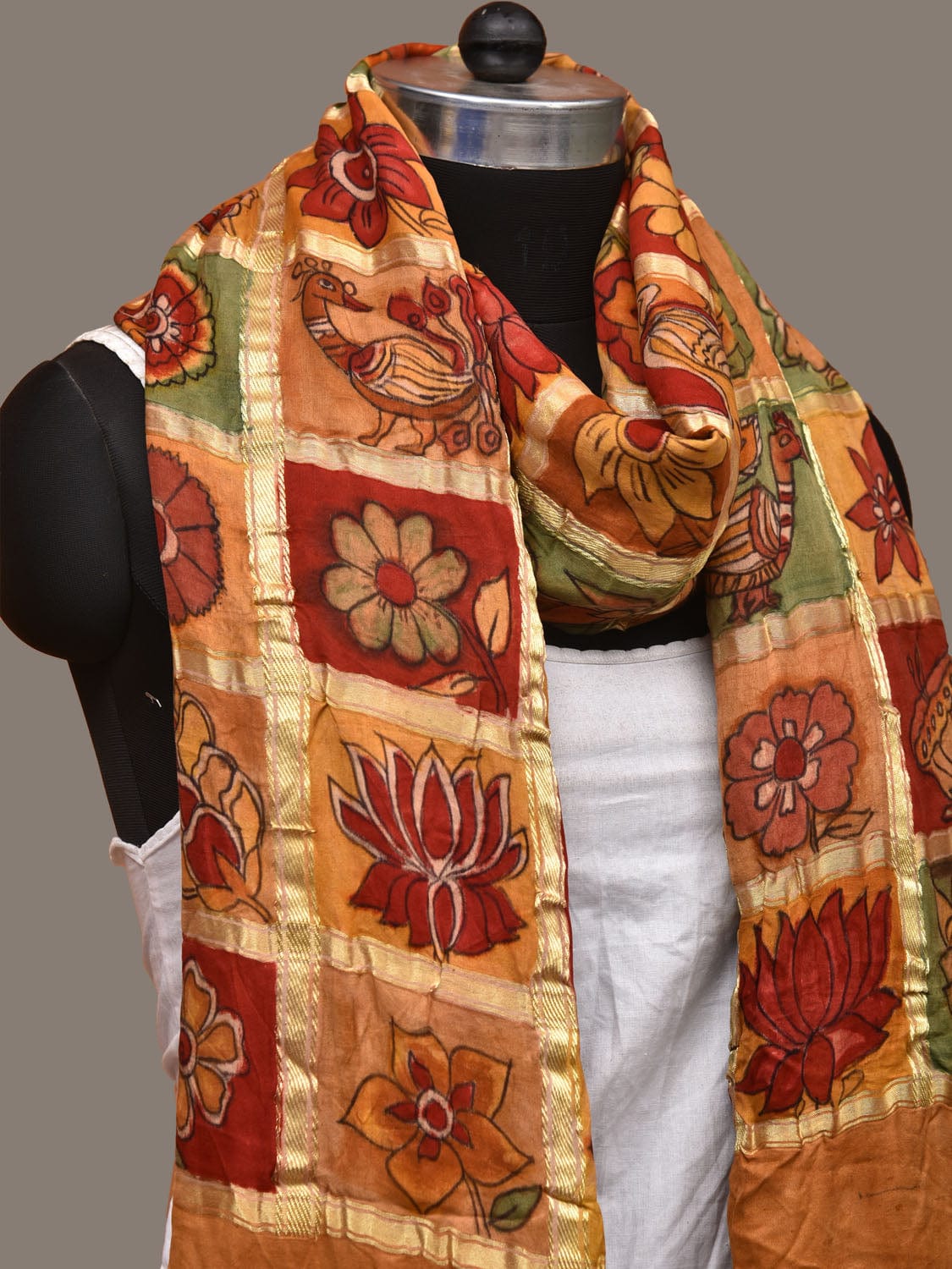 Multicolor Kalamkari Hand Painted Kanchipuram Silk Handloom Dupatta with Checks Design ds3136