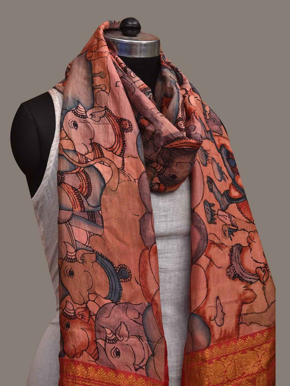 Multicolor Kalamkari Hand Painted Kanchipuram Silk Handloom Dupatta with Cows and Krishna Design ds2995