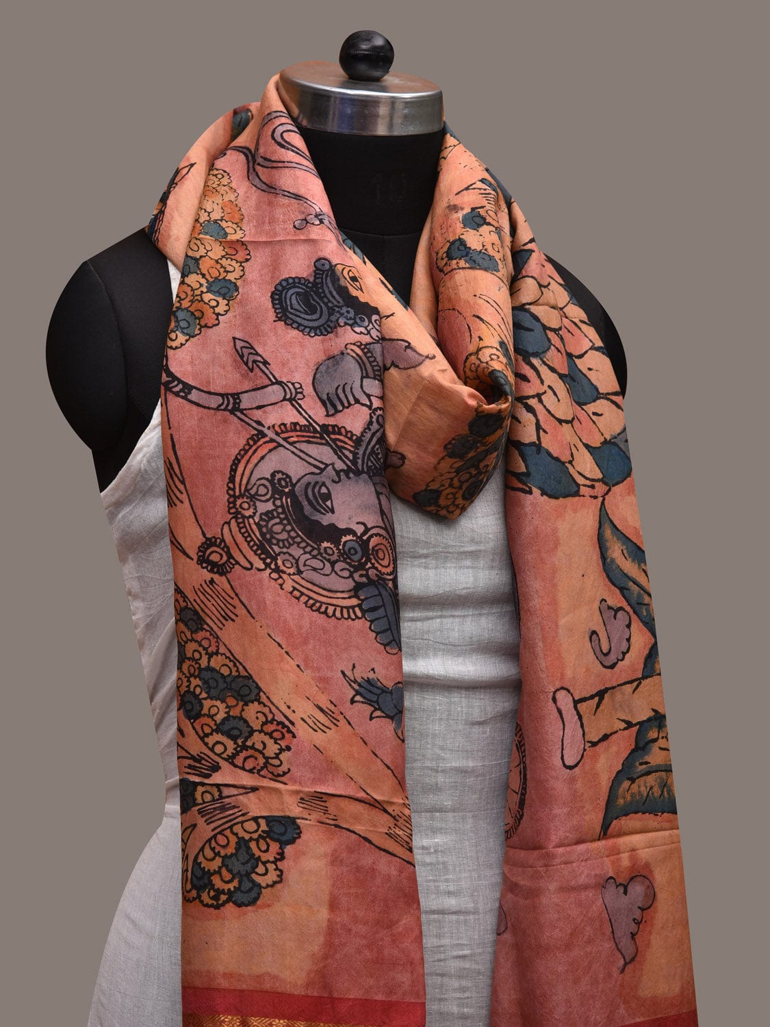 Multicolor Kalamkari Hand Painted Kanchipuram Silk Handloom Dupatta with Krishna Design ds2717